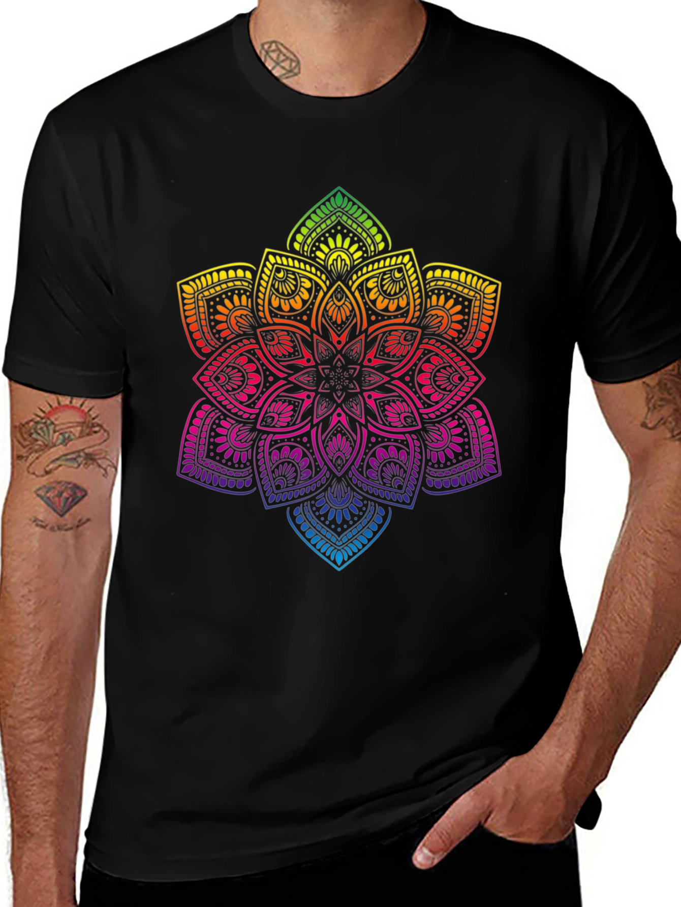 Variant 20 of Rainbow Mandala Graphic Print Black T-Shirt