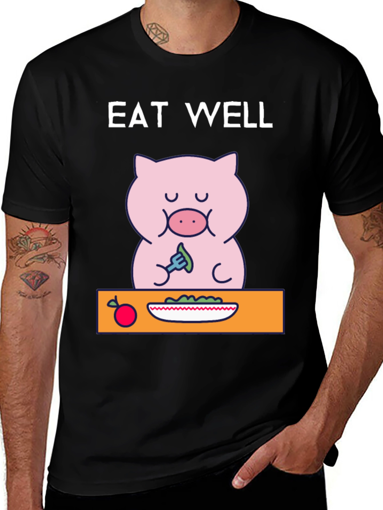 Black Eat Well Pig T-Shirt - Funny Cartoon Tee main image