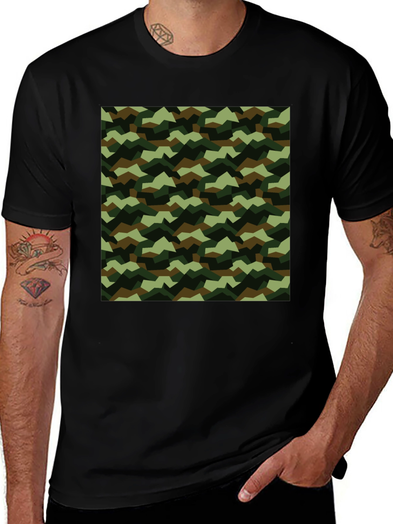 Variant 23 of Camo Pattern Print Black T-Shirt