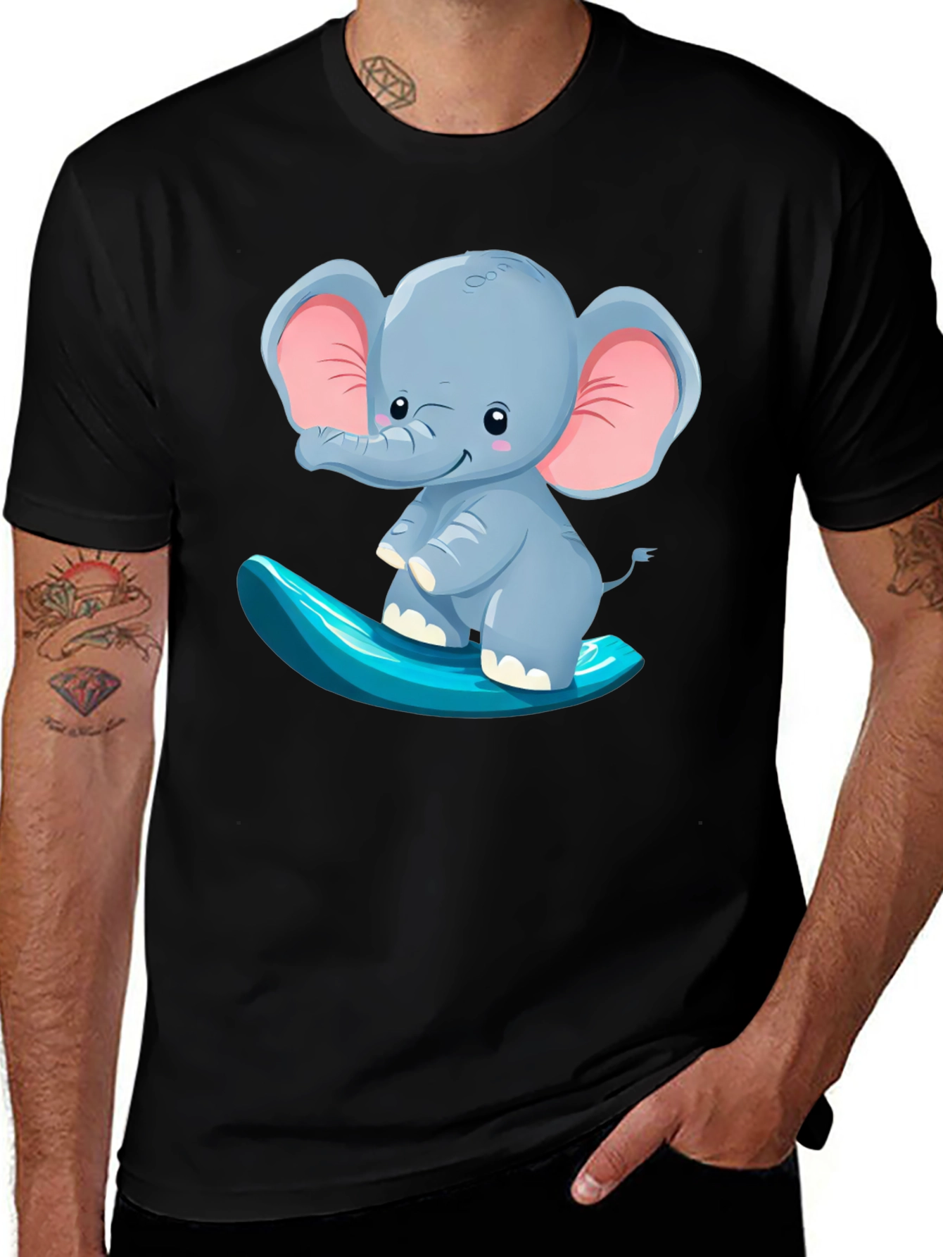 Variant 19 of Cute Elephant Surfing Tee - Black Cotton T-Shirt