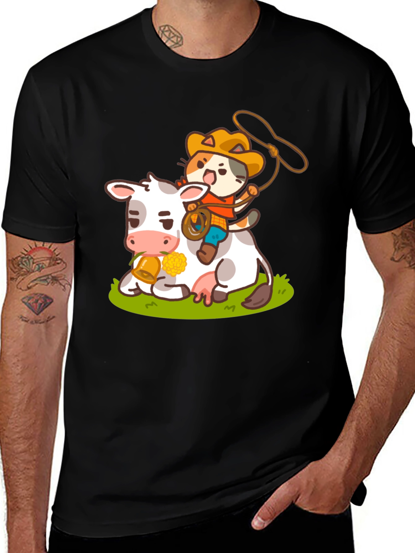 Cowboy Cat Riding Cow Black Graphic Tee