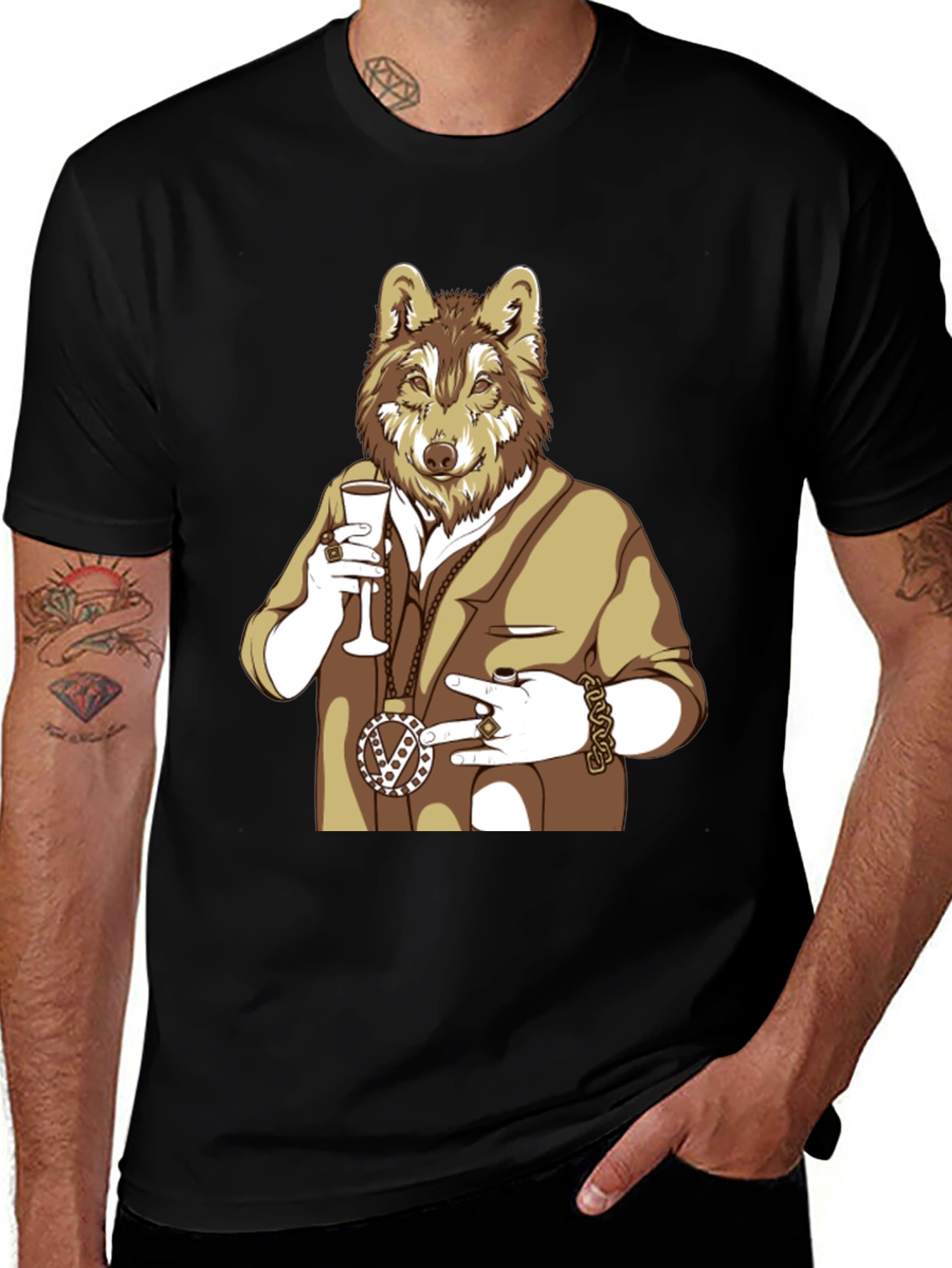 Wolf Gangster Graphic T-Shirt - Black