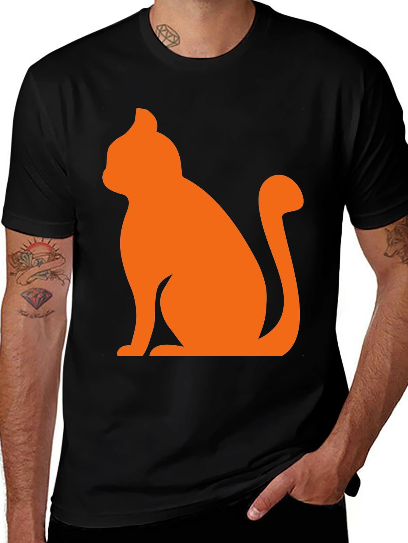 Variant 13 of Men's Black T-Shirt with Orange Cat Graphic