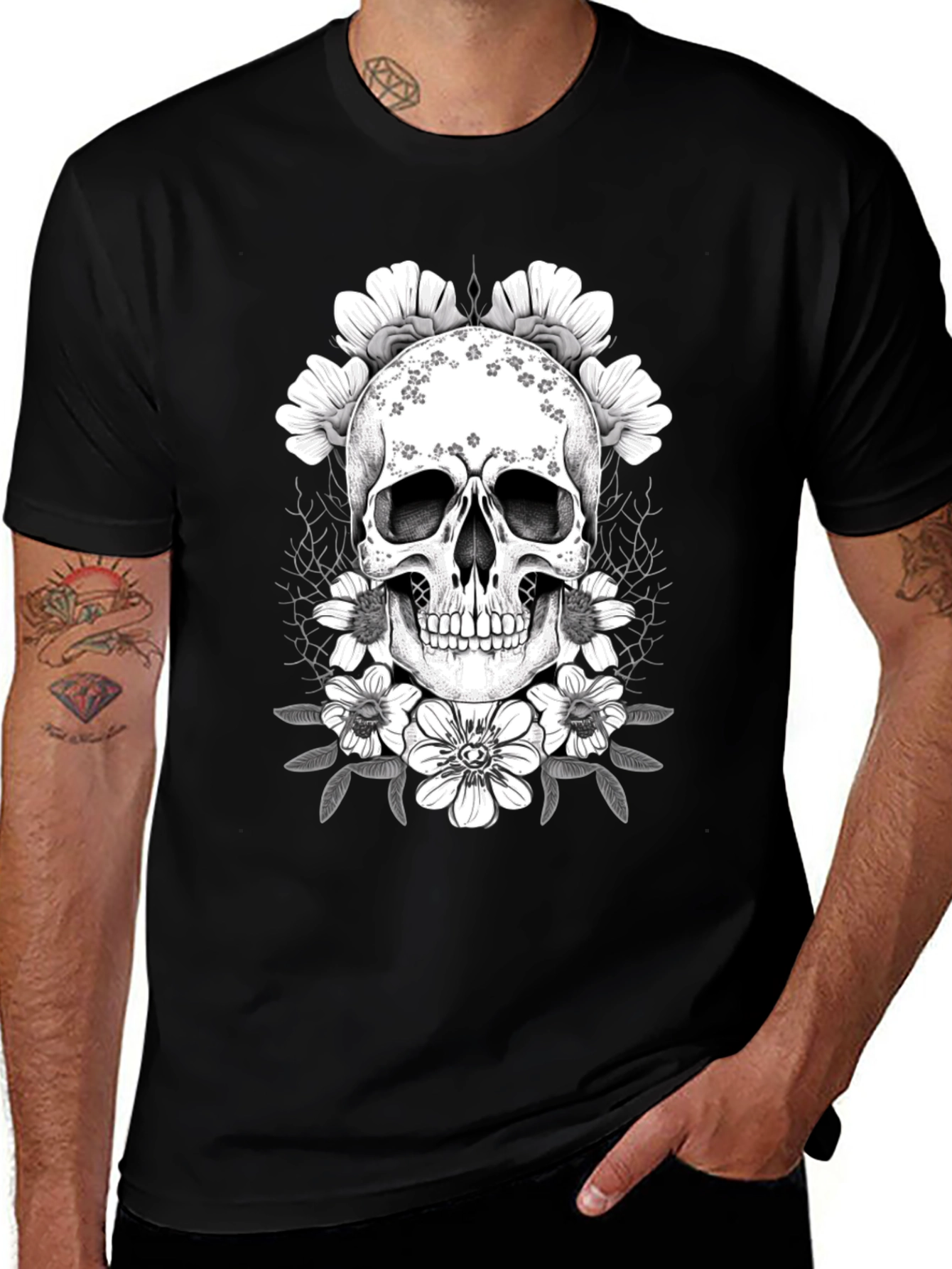 Variant 24 of Floral Skull Graphic T-Shirt - Dark Aesthetic Tee