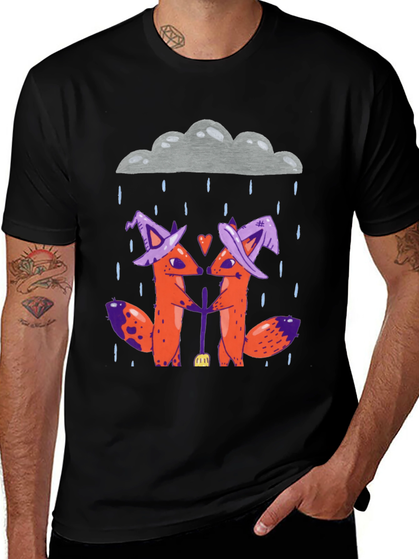 Variant 13 of Whimsical Foxes in the Rain Black T-Shirt
