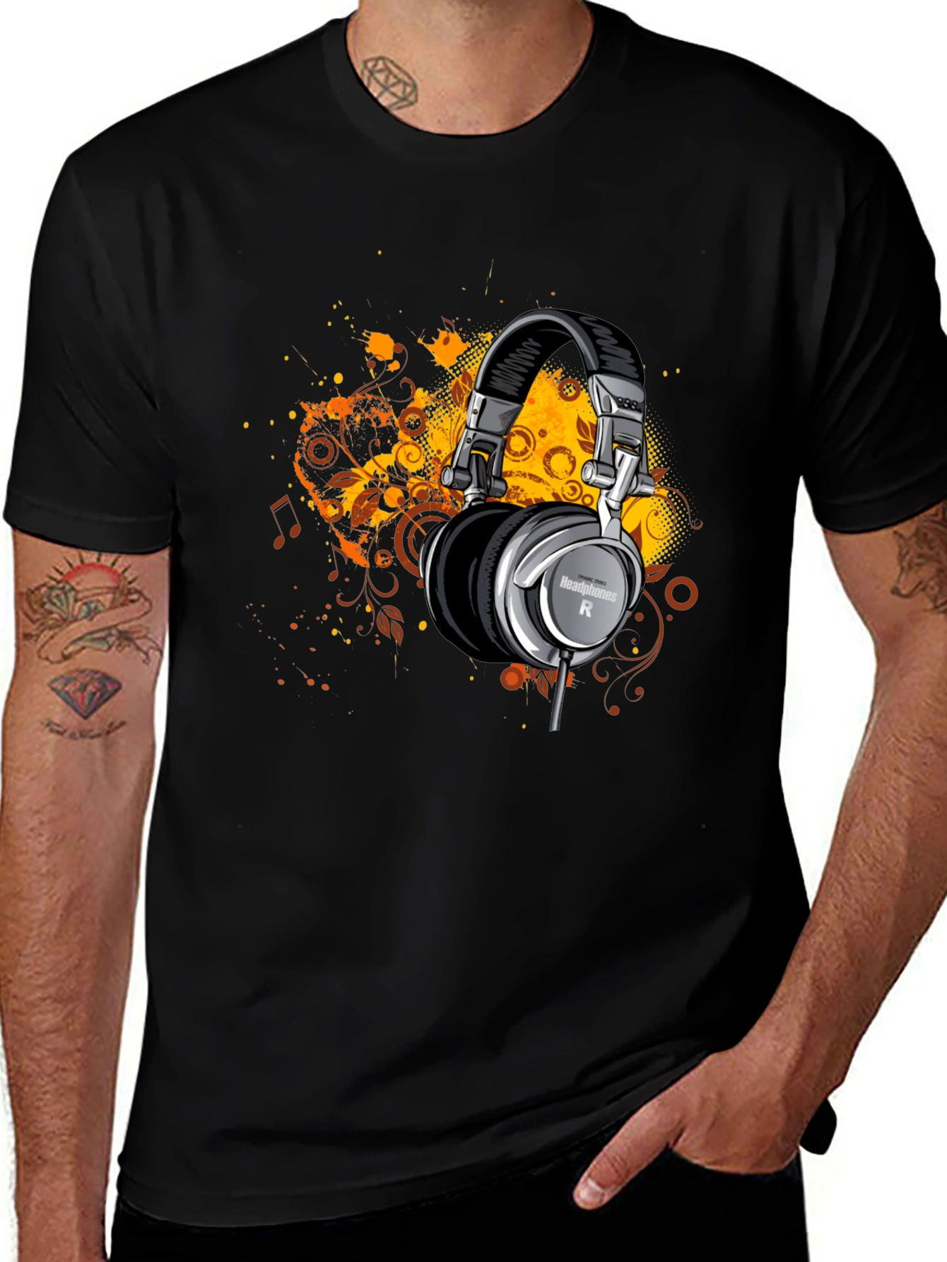 Headphones Graphic Print Black T-Shirt