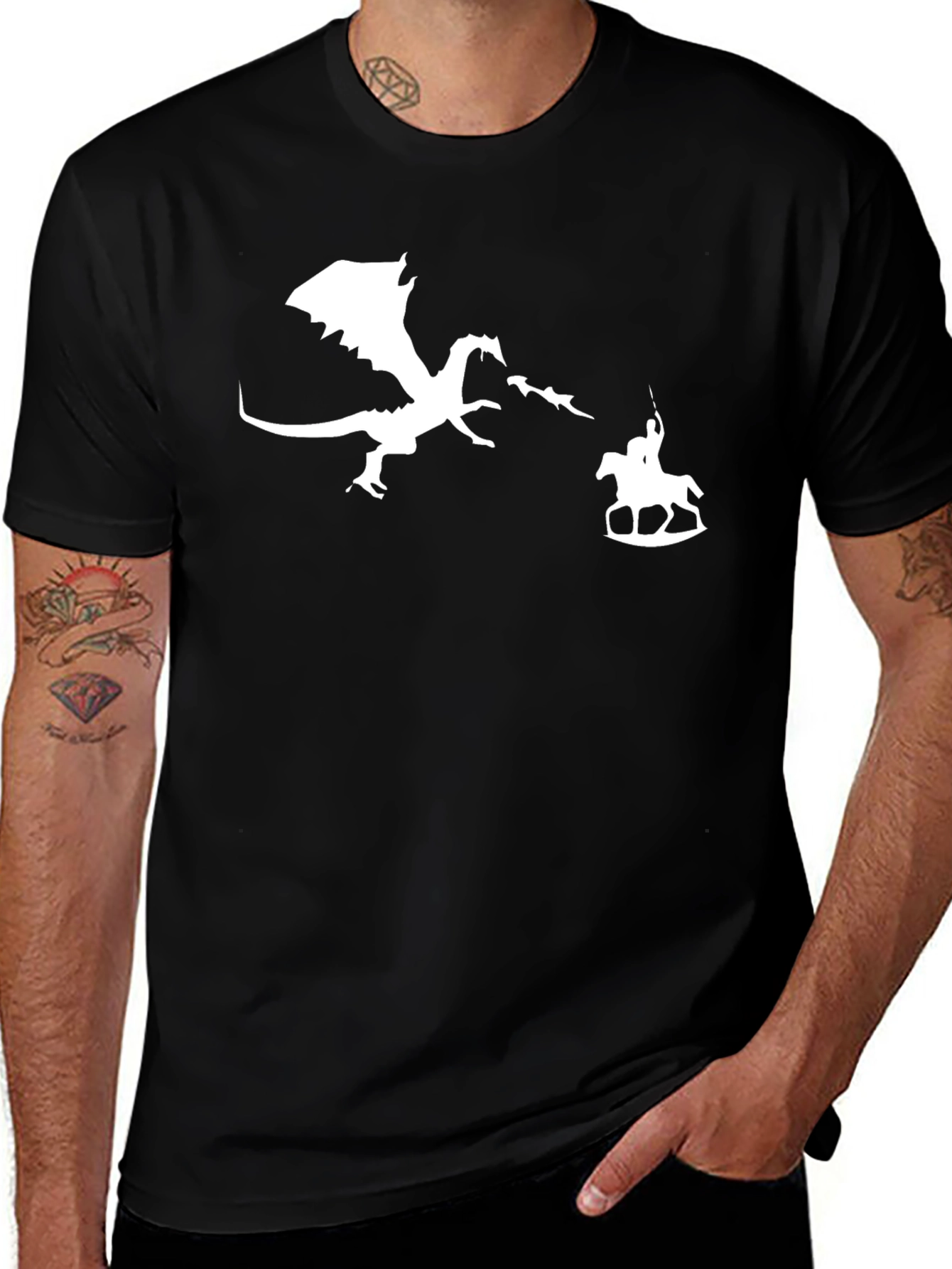 Dragon vs Knight Graphic T-Shirt - Black