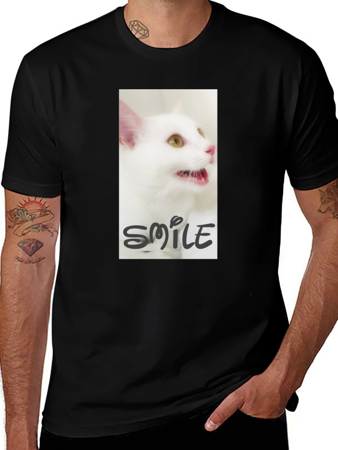 Variant 3 of Black T-Shirt with White Cat 'Smile' Graphic