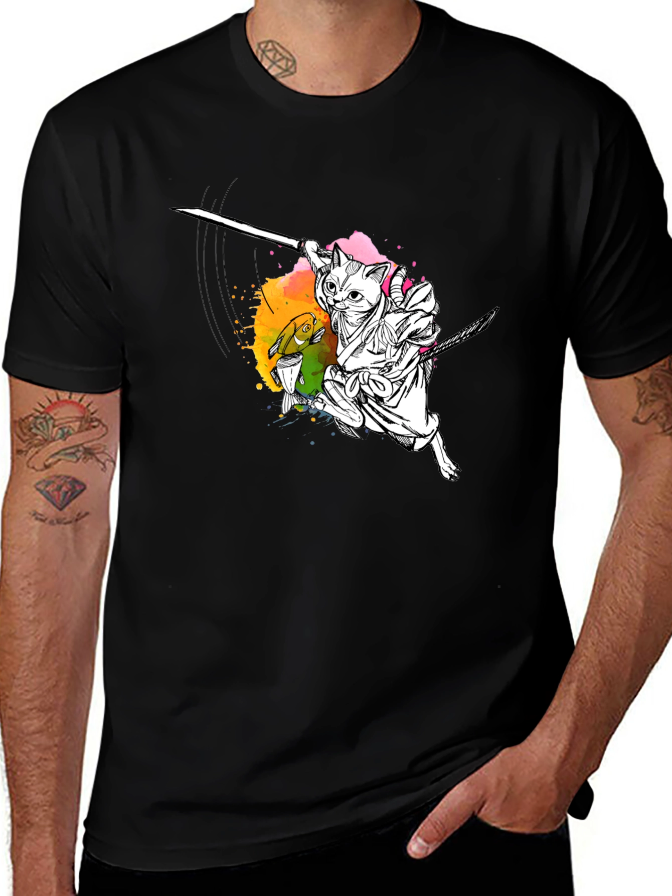 Variant 27 of Samurai Cat Graphic T-Shirt - Black