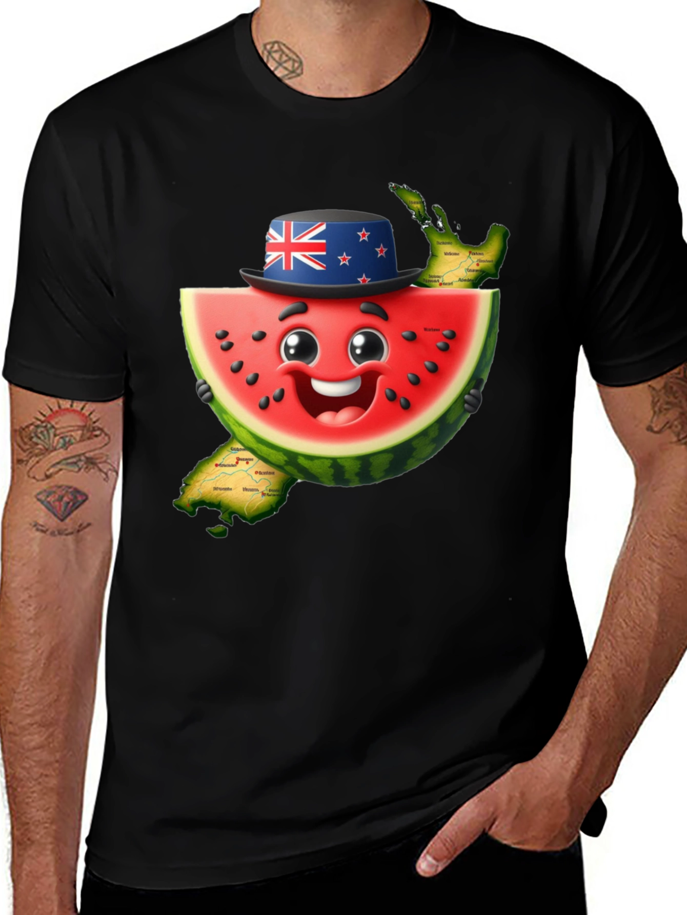 Variant 21 of Novelty Watermelon New Zealand Map Graphic T-Shirt