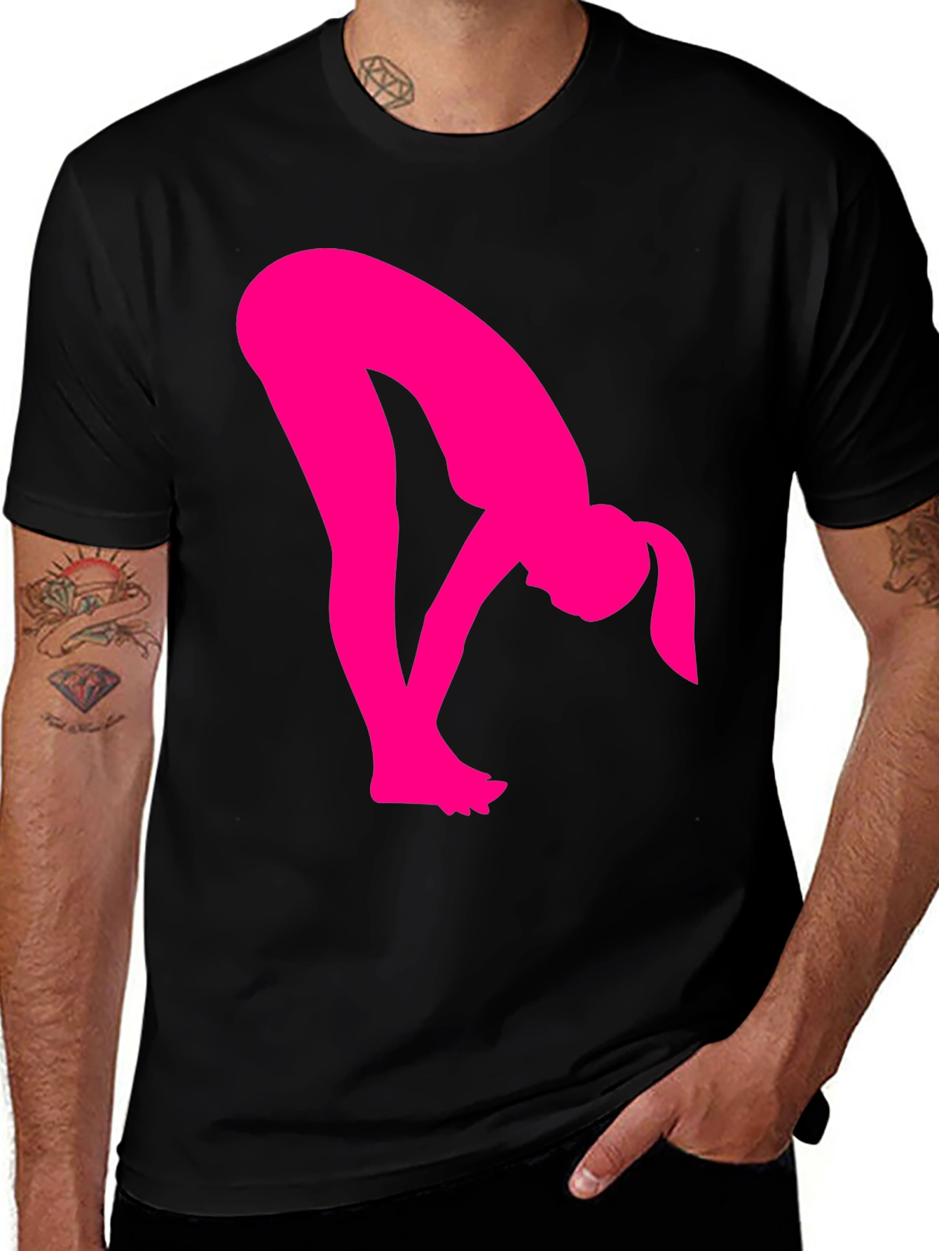 Variant 13 of Pink Silhouette Woman Stretching Black T-Shirt