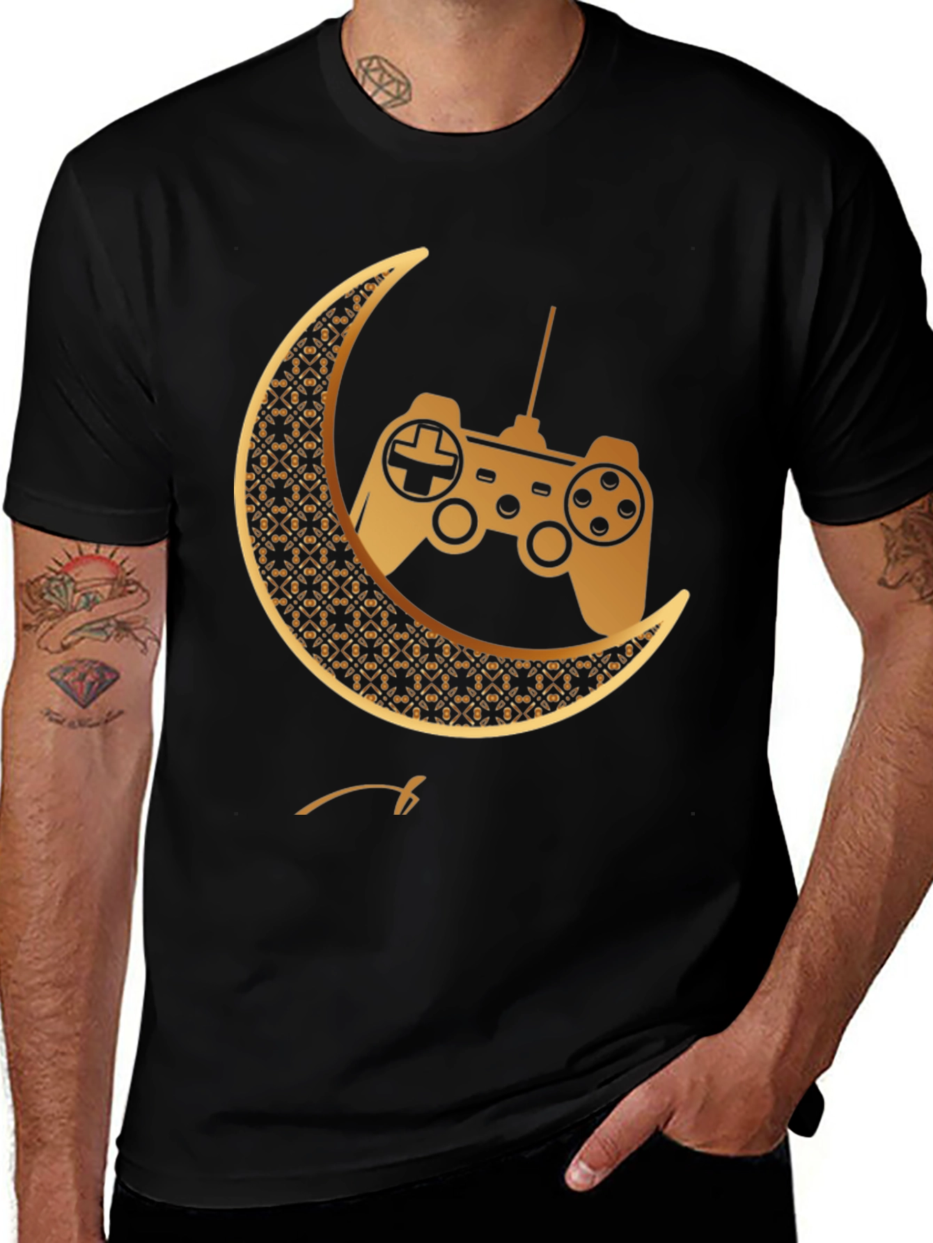 Variant 30 of Golden Gamer Moon T-Shirt - Black Cotton Tee