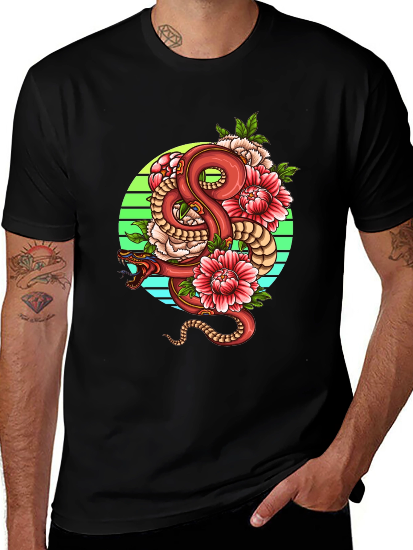 Variant 29 of Snake & Floral Graphic Tee - Stylish Men's Black T-Shirt