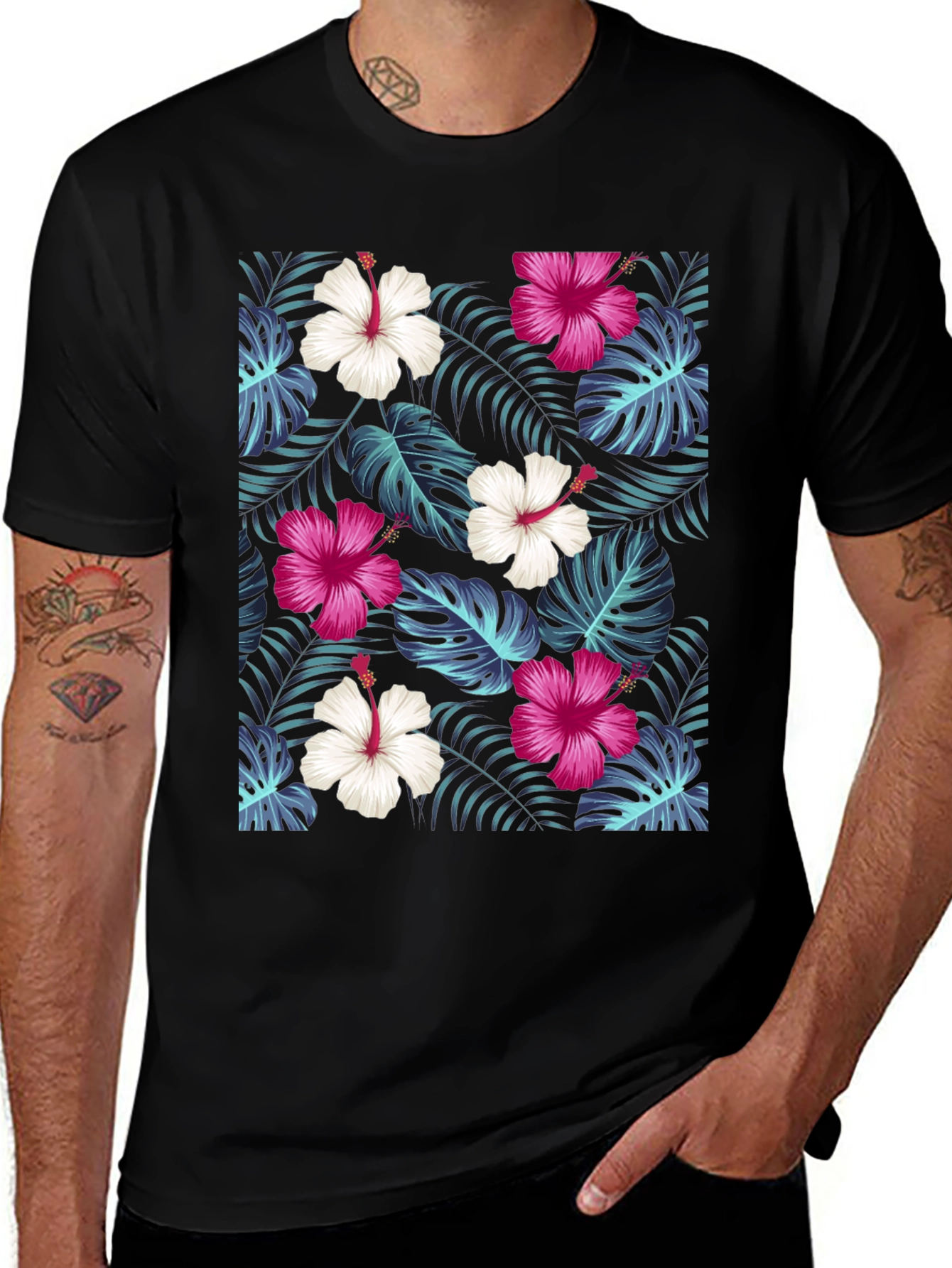 Variant 24 of Tropical Floral Print Black T-Shirt