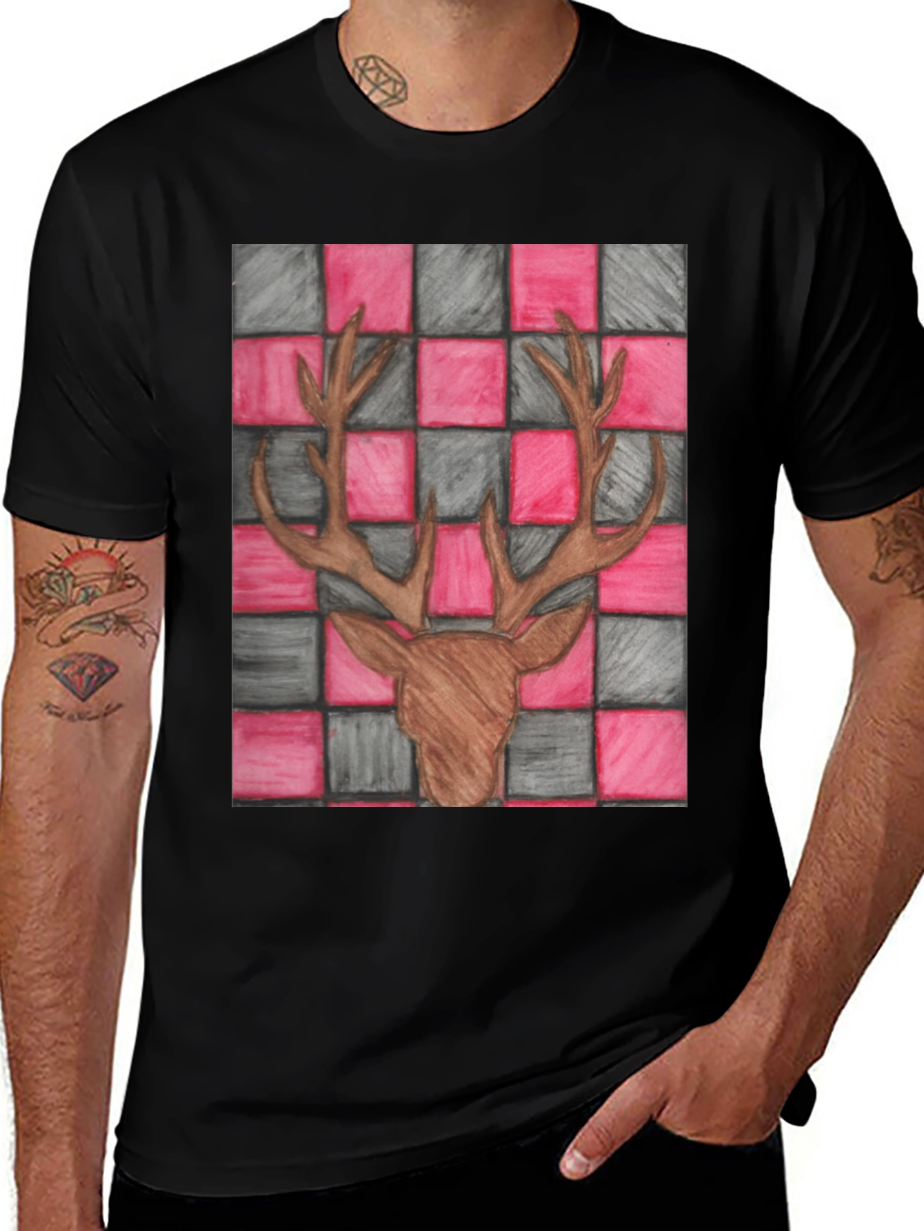 Variant 23 of Deer Head Checkered Print T-Shirt