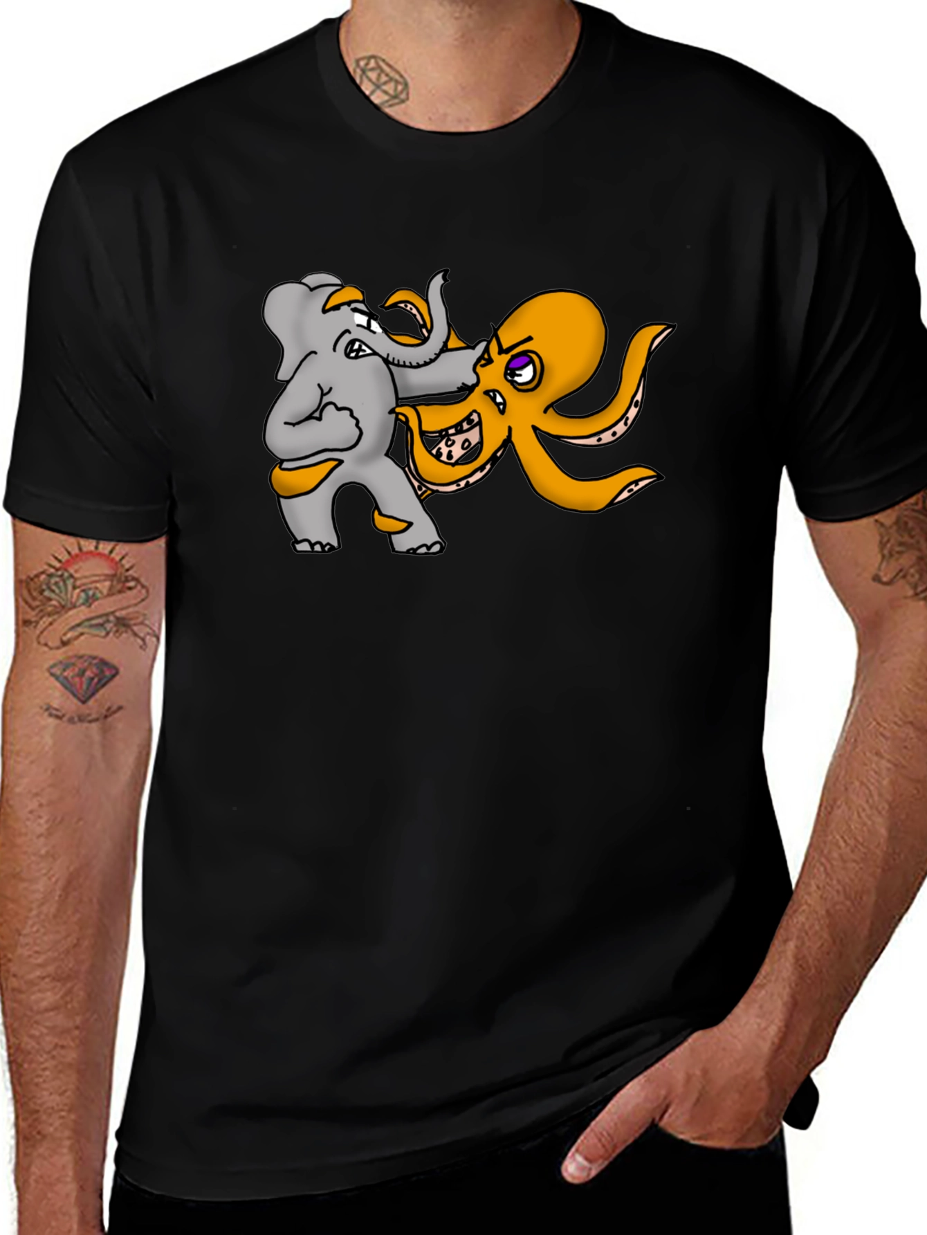 Variant 15 of Elephant vs Octopus Graphic Black T-Shirt