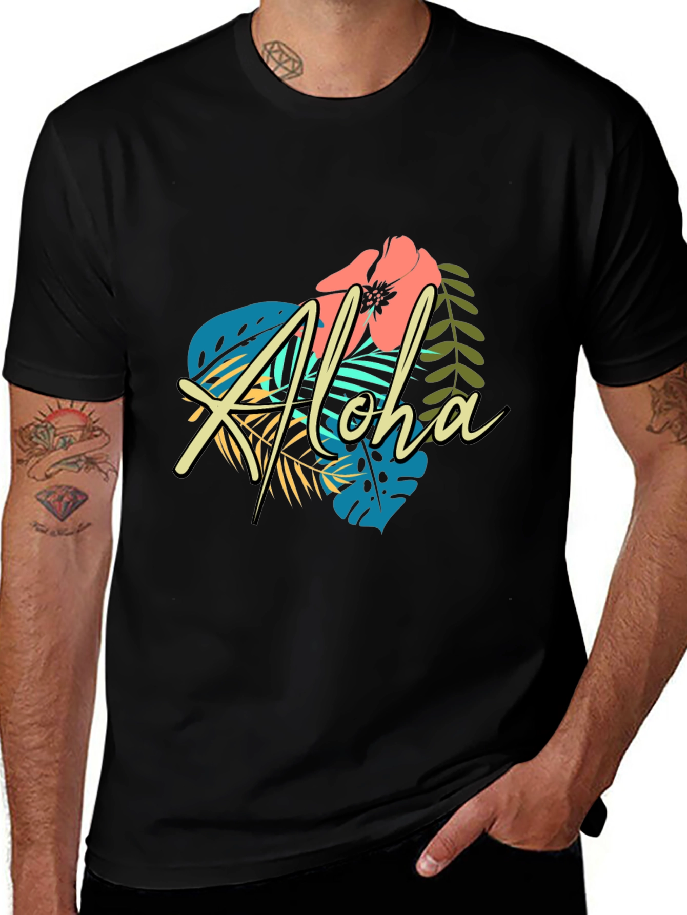 Tropical Aloha Graphic Black T-Shirt