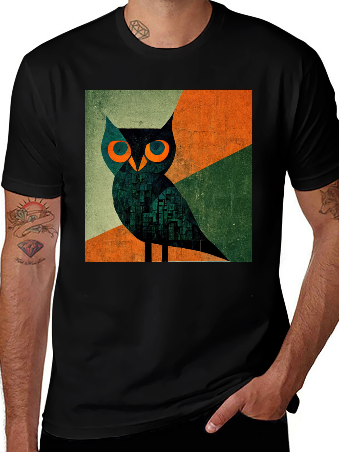 Abstract Owl Graphic Tee - Men's Black T-Shirt