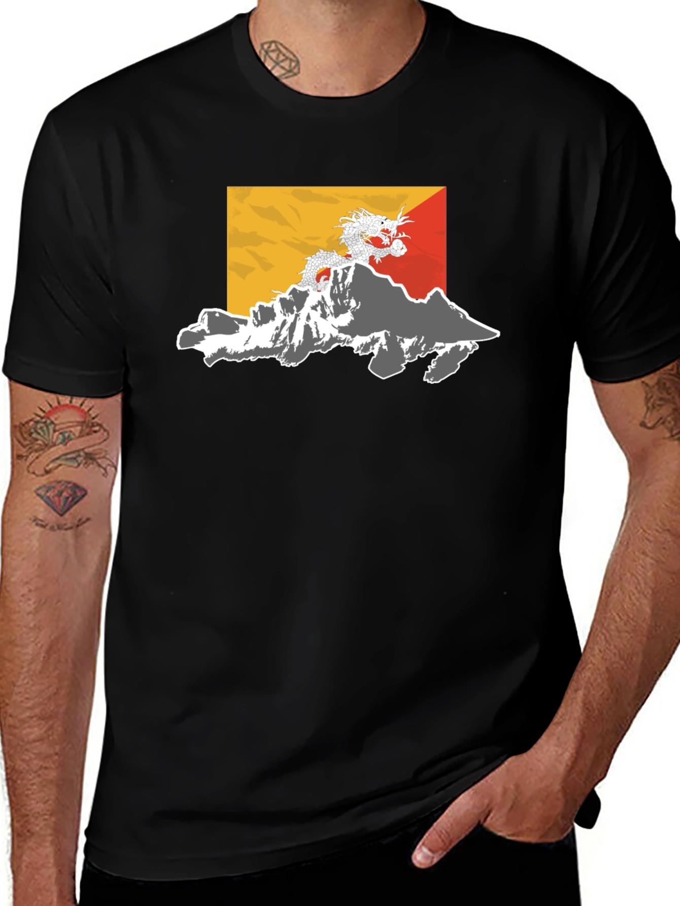 Bhutan Flag Dragon Graphic Tee - Black