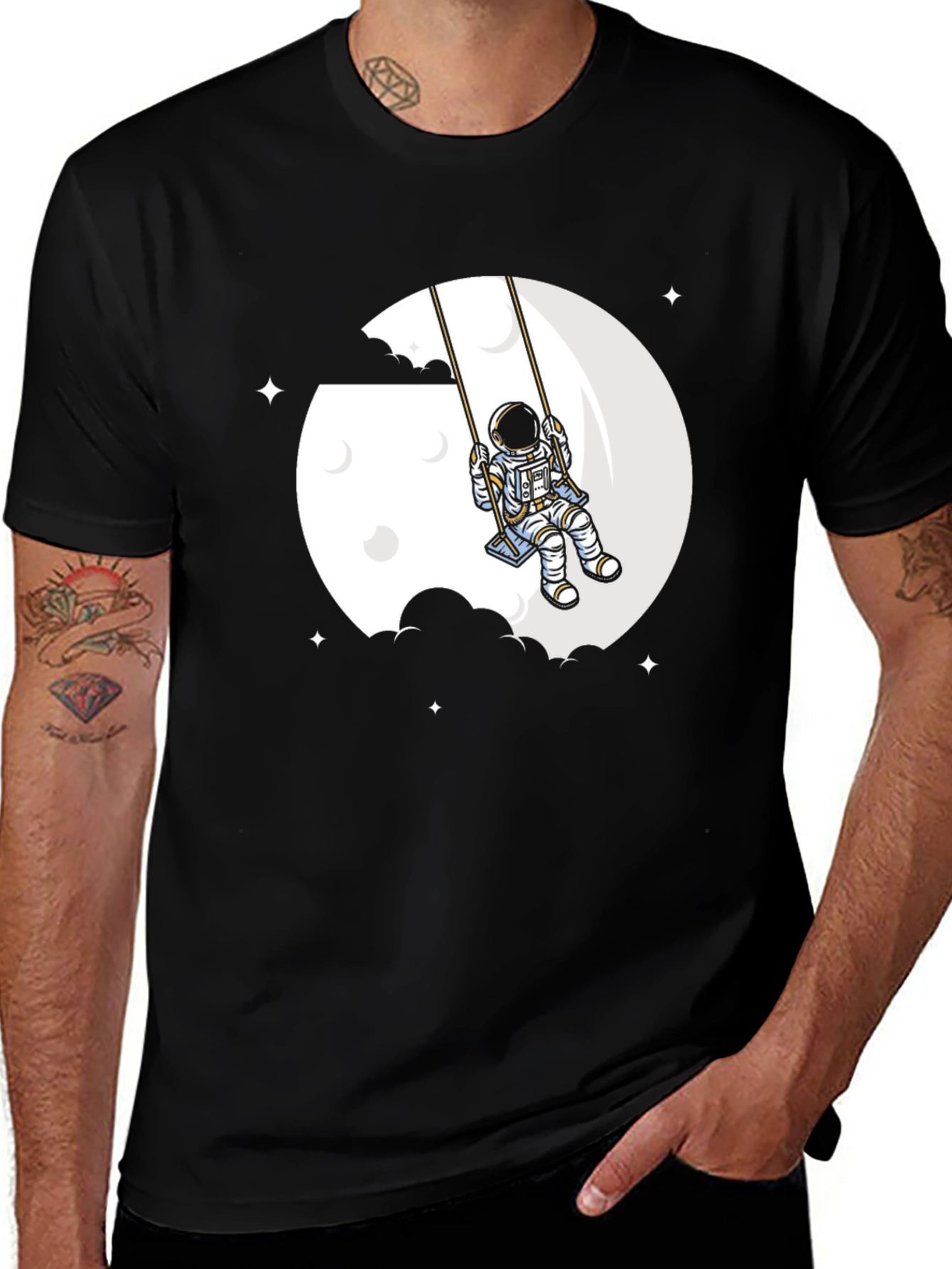 Black Astronaut Moon Swing Graphic T-Shirt - Unique Space Design main image