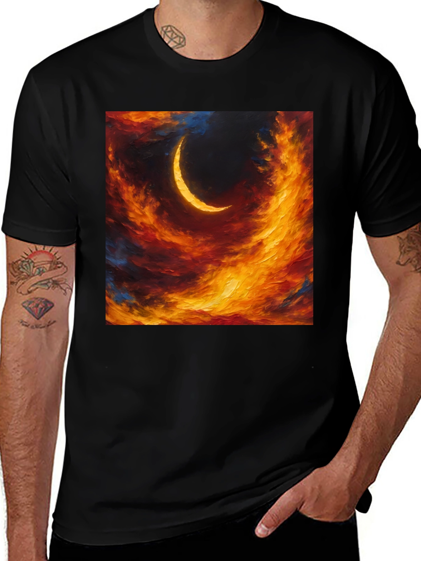 Crescent Moon Artistic Graphic Black T-Shirt