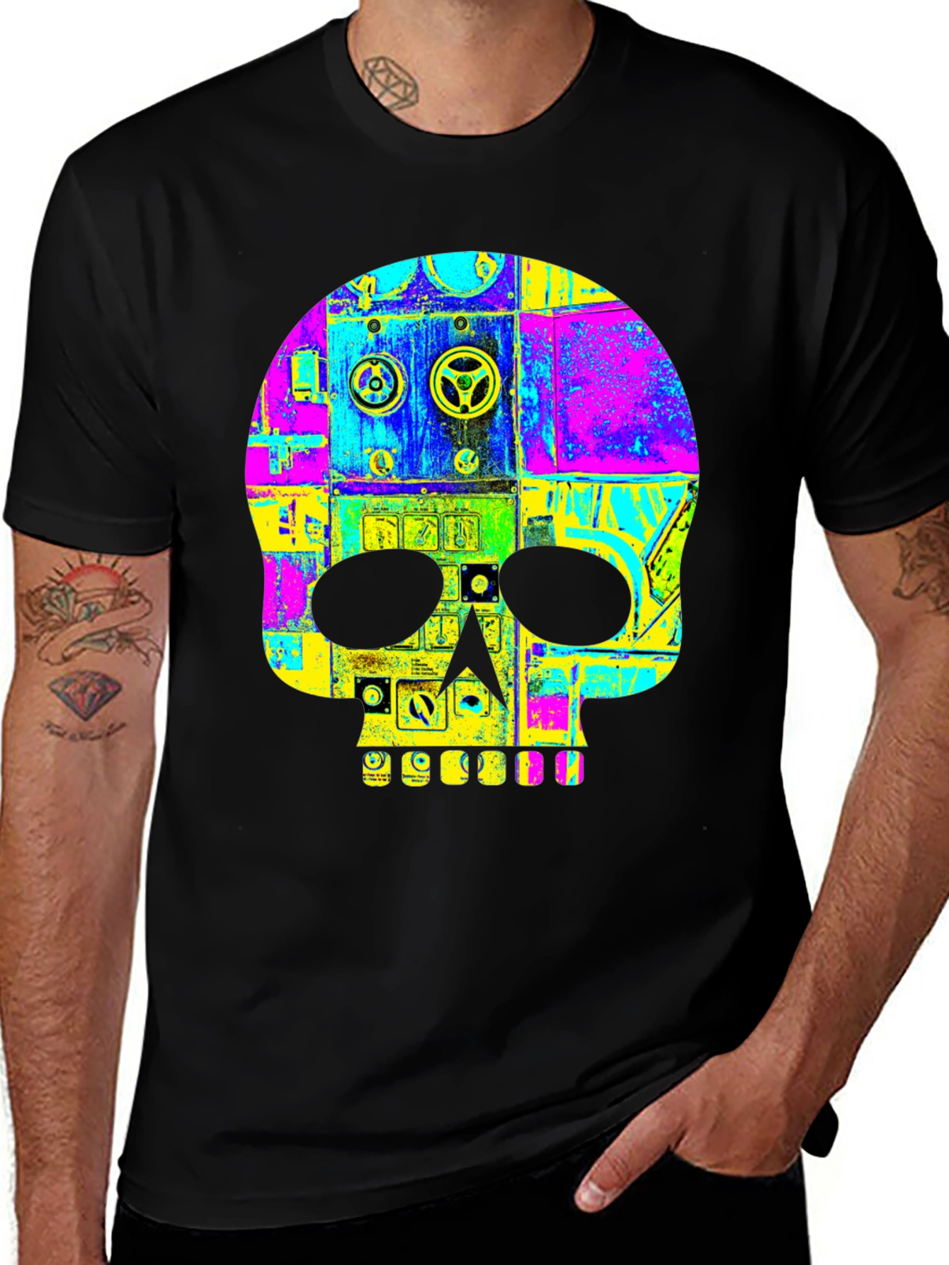 Neon Steampunk Skull Graphic T-Shirt