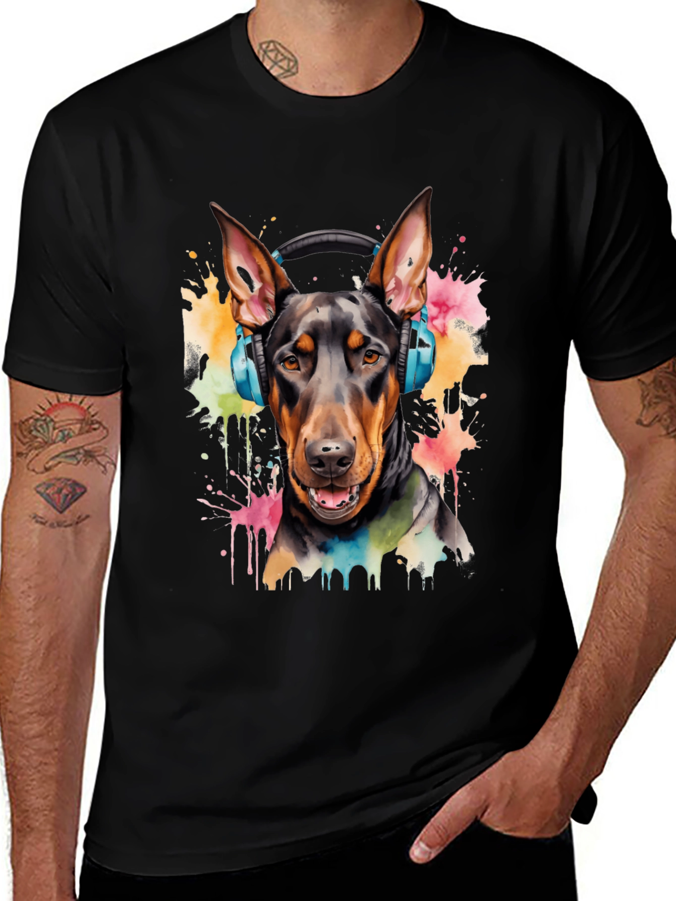 Variant 22 of Doberman Dog Colorful Headphones Graphic T-Shirt