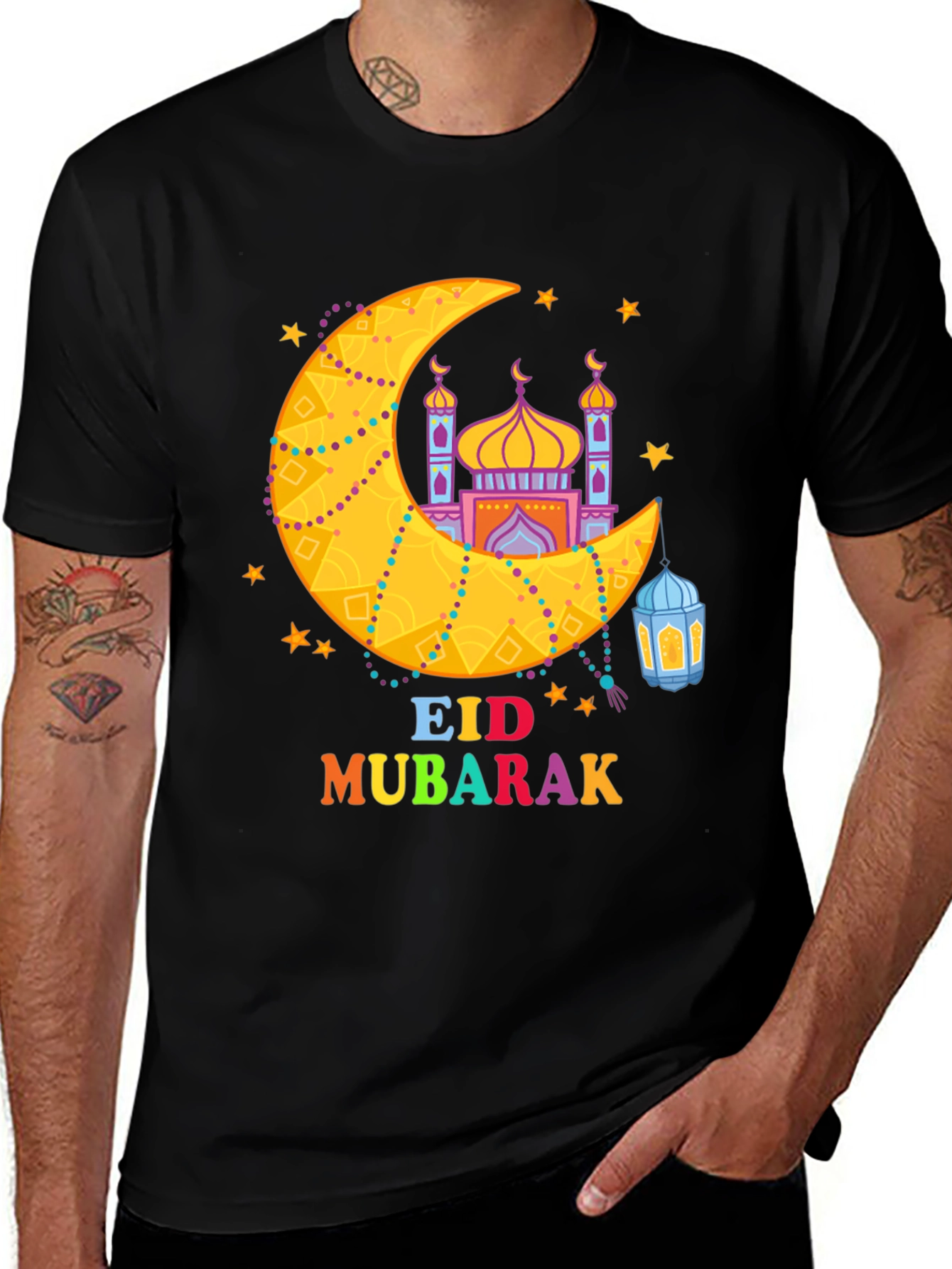 Eid Mubarak T-Shirt - Crescent Moon & Mosque Design