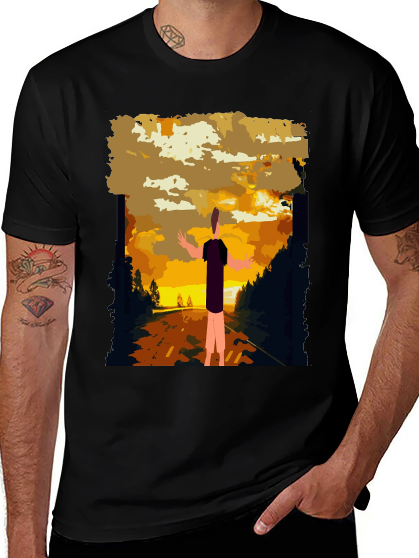 Variant 13 of Sunset Road Trip Graphic Tee - Black Cotton Comfort