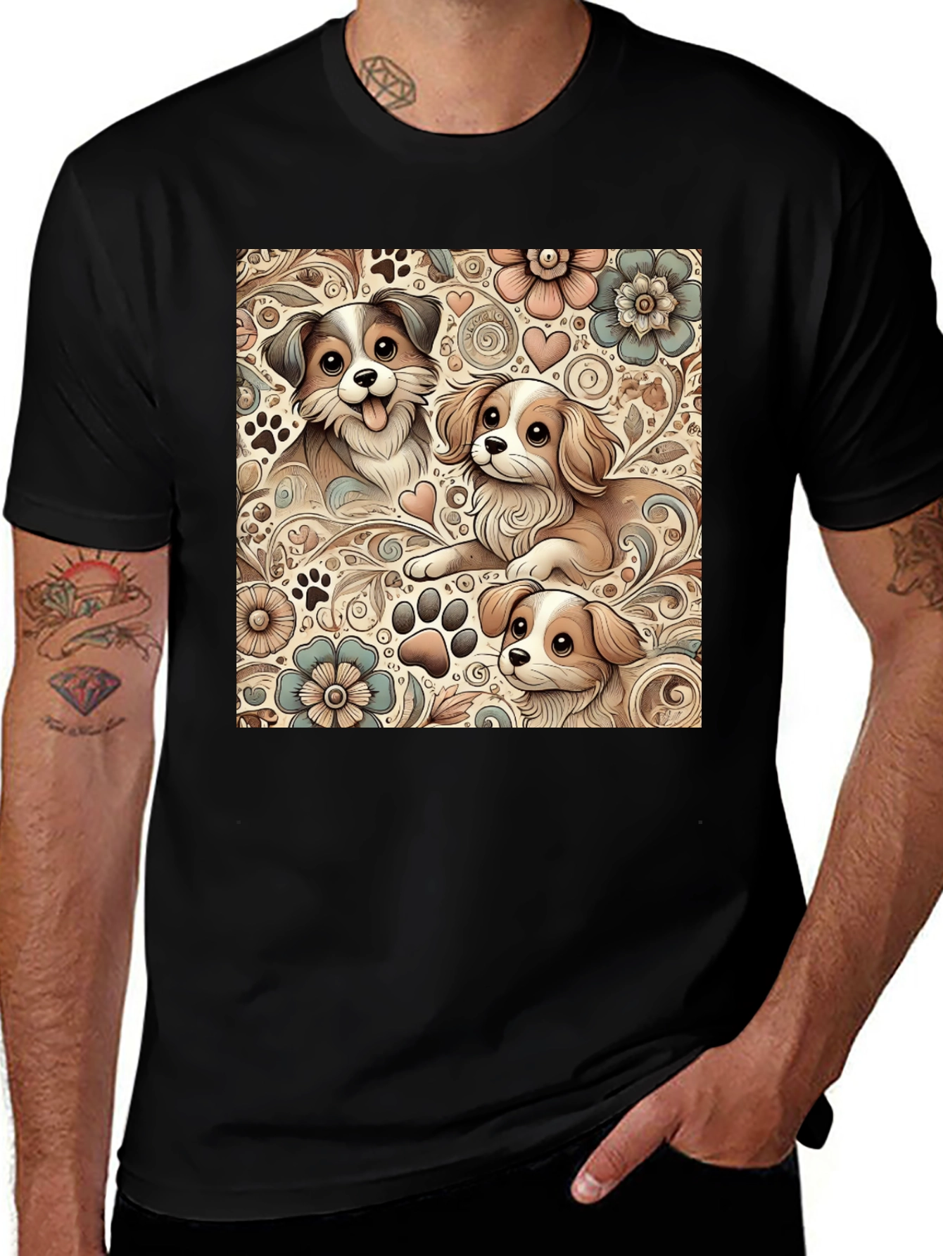 Variant 28 of Puppy Floral Pattern Black T-Shirt
