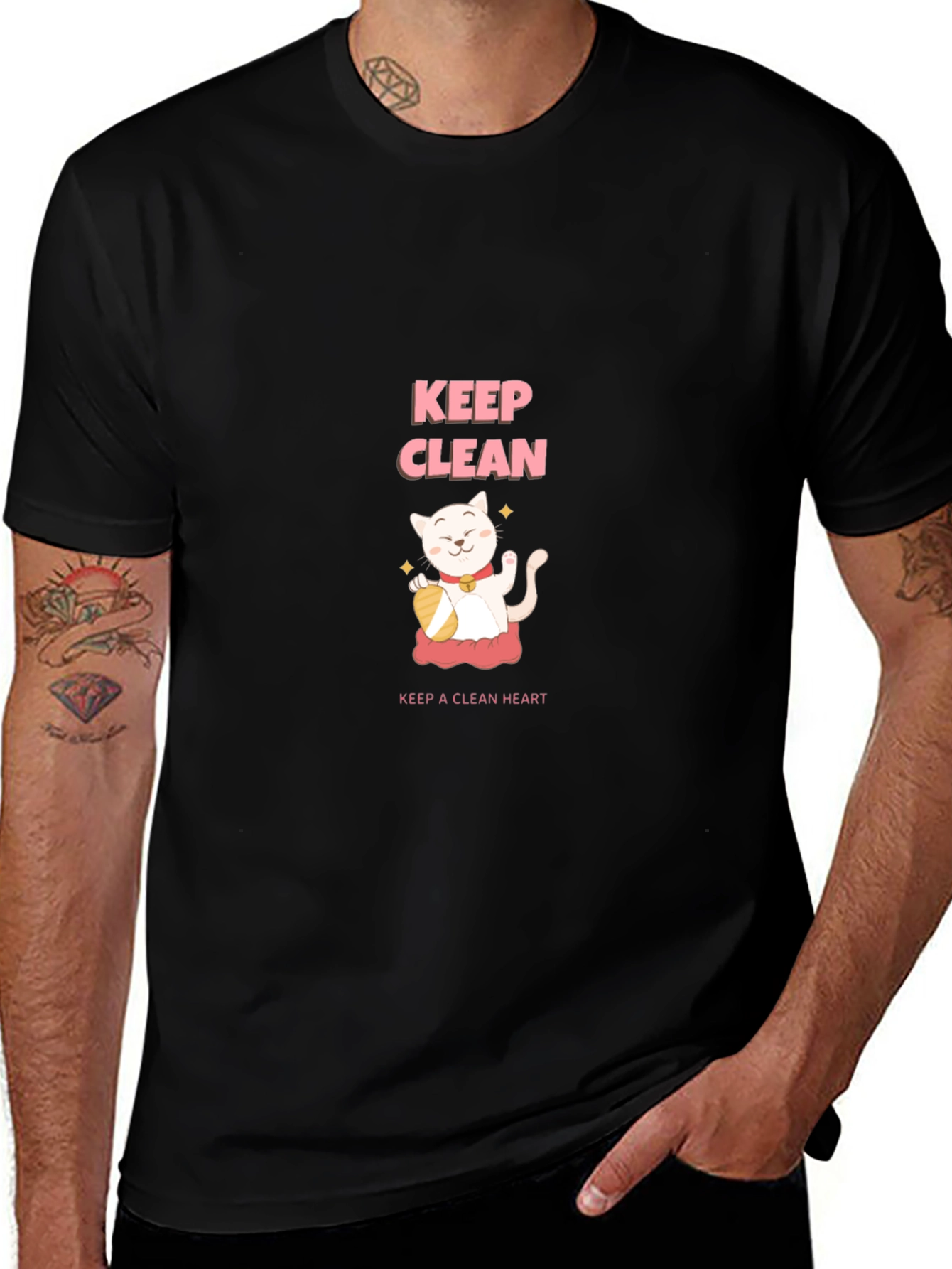 Variant 18 of Keep Clean Black T-Shirt - Cute Cat Design