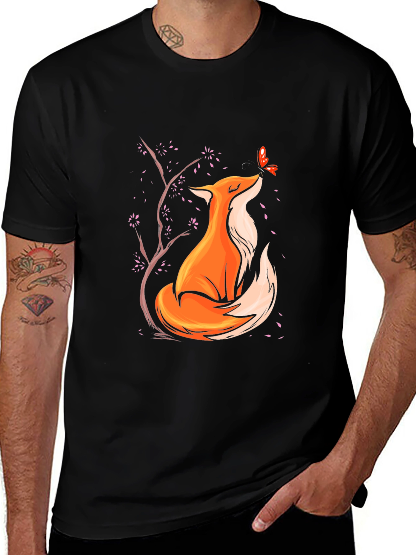 Variant 7 of Fox and Butterfly Graphic Black T-Shirt