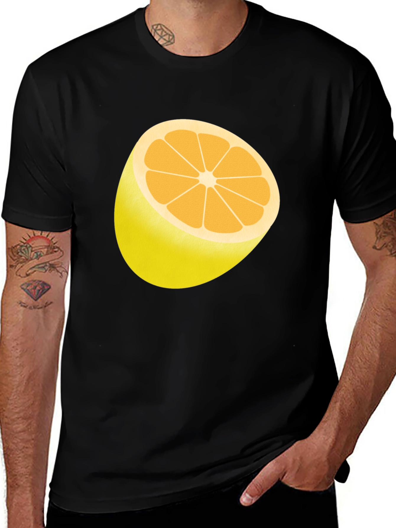 Half Lemon Graphic Print Black T-Shirt