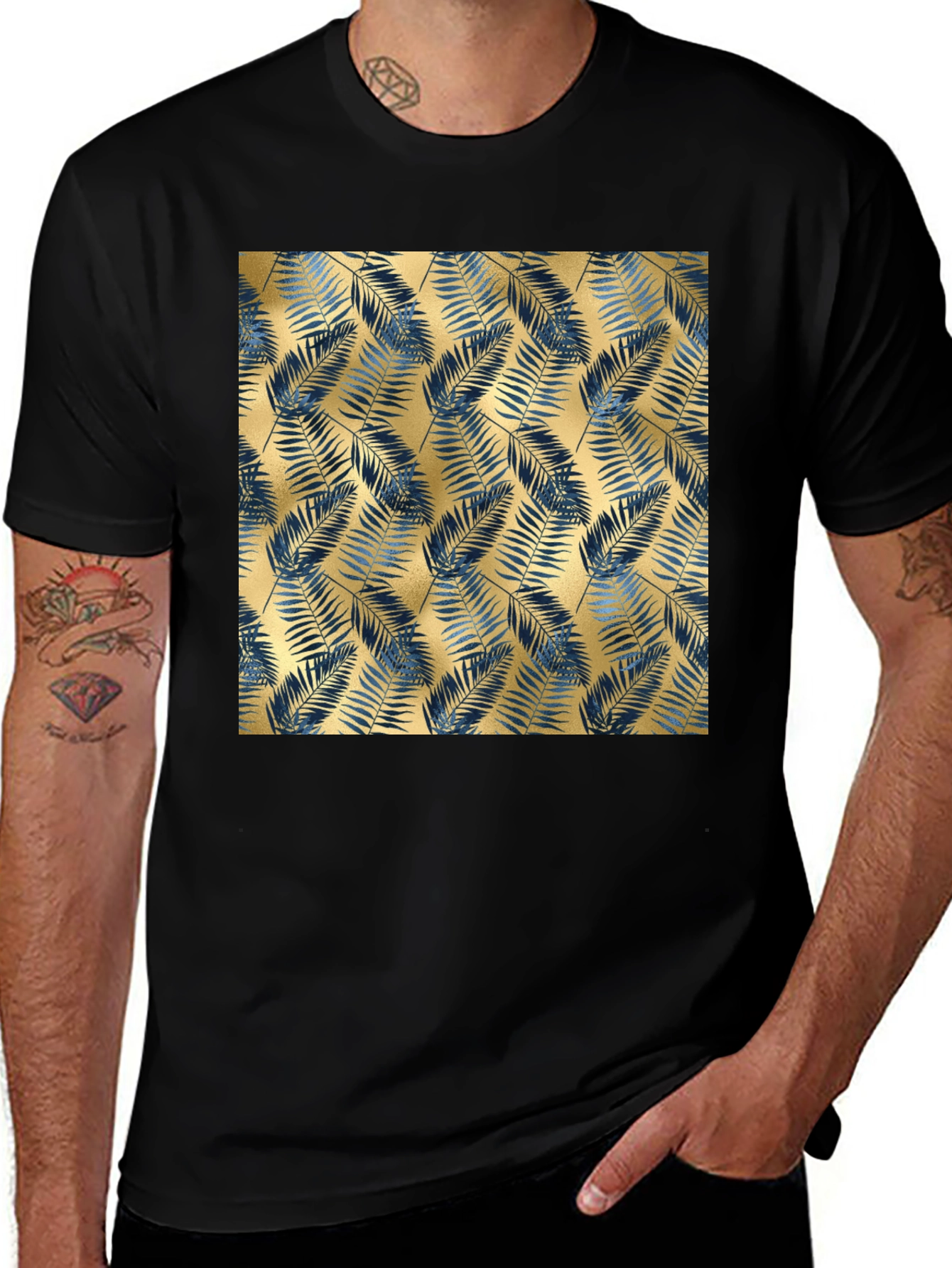 Variant 14 of Tropical Leaves Pattern Print Black T-Shirt