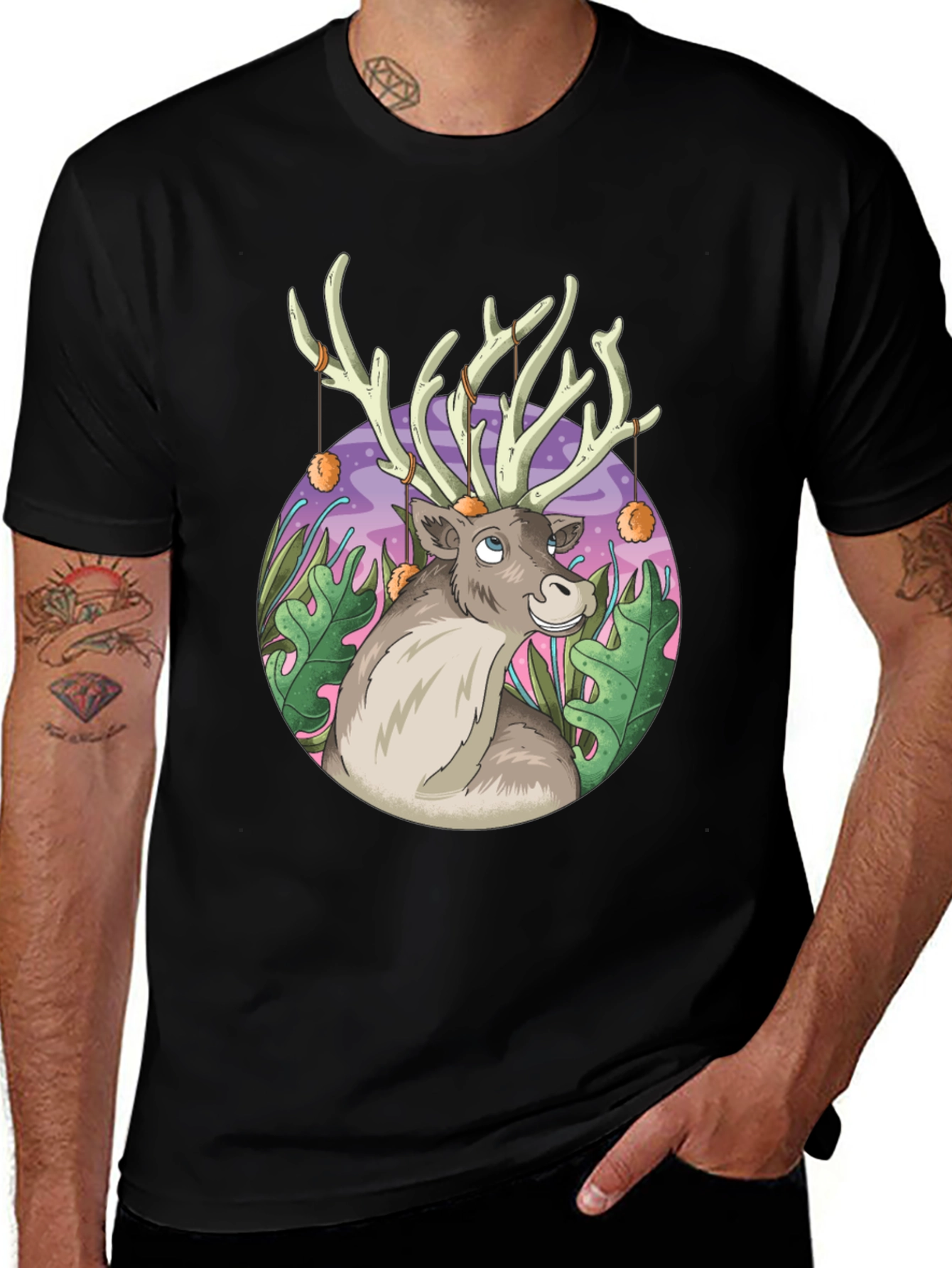 Variant 20 of Reindeer Graphic Tee - Black Cotton Casual Top