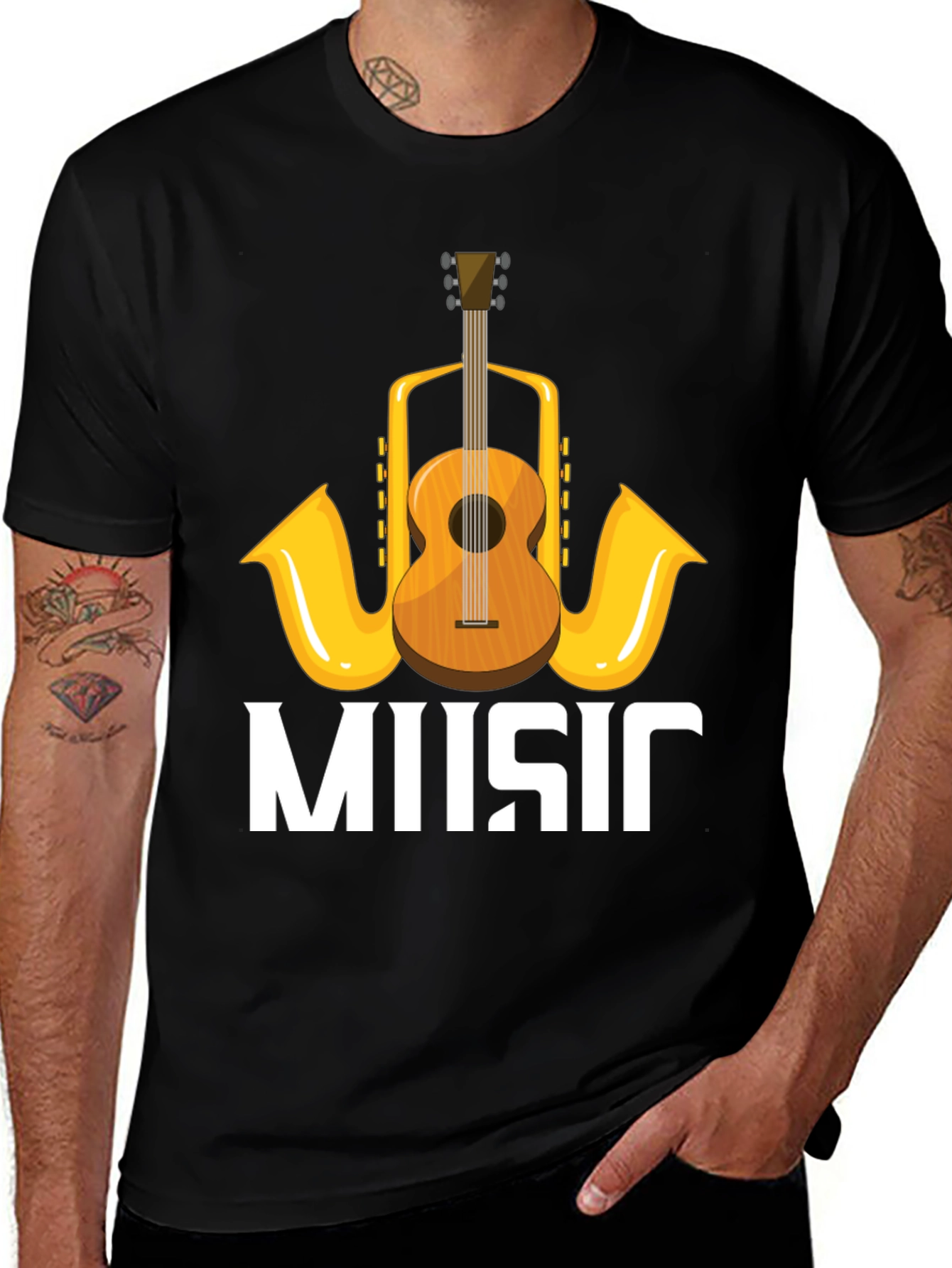 Variant 8 of Music Lover's T-Shirt with Guitar & Saxophone Graphic