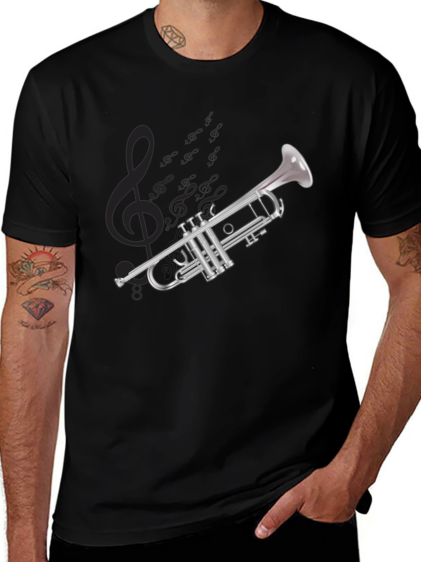 Variant 9 of Musical Trumpet Graphic T-Shirt - Black Cotton Tee