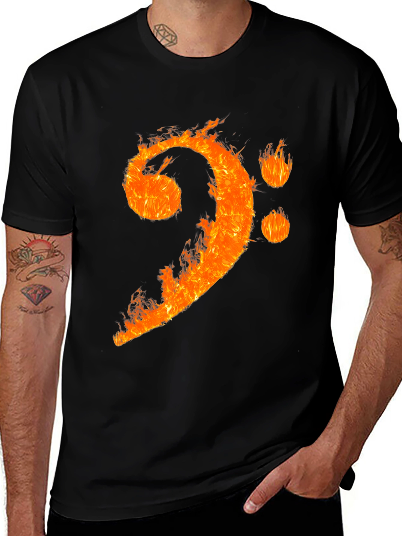 Variant 24 of Fiery Bass Clef Graphic Tee - Black Cotton T-Shirt