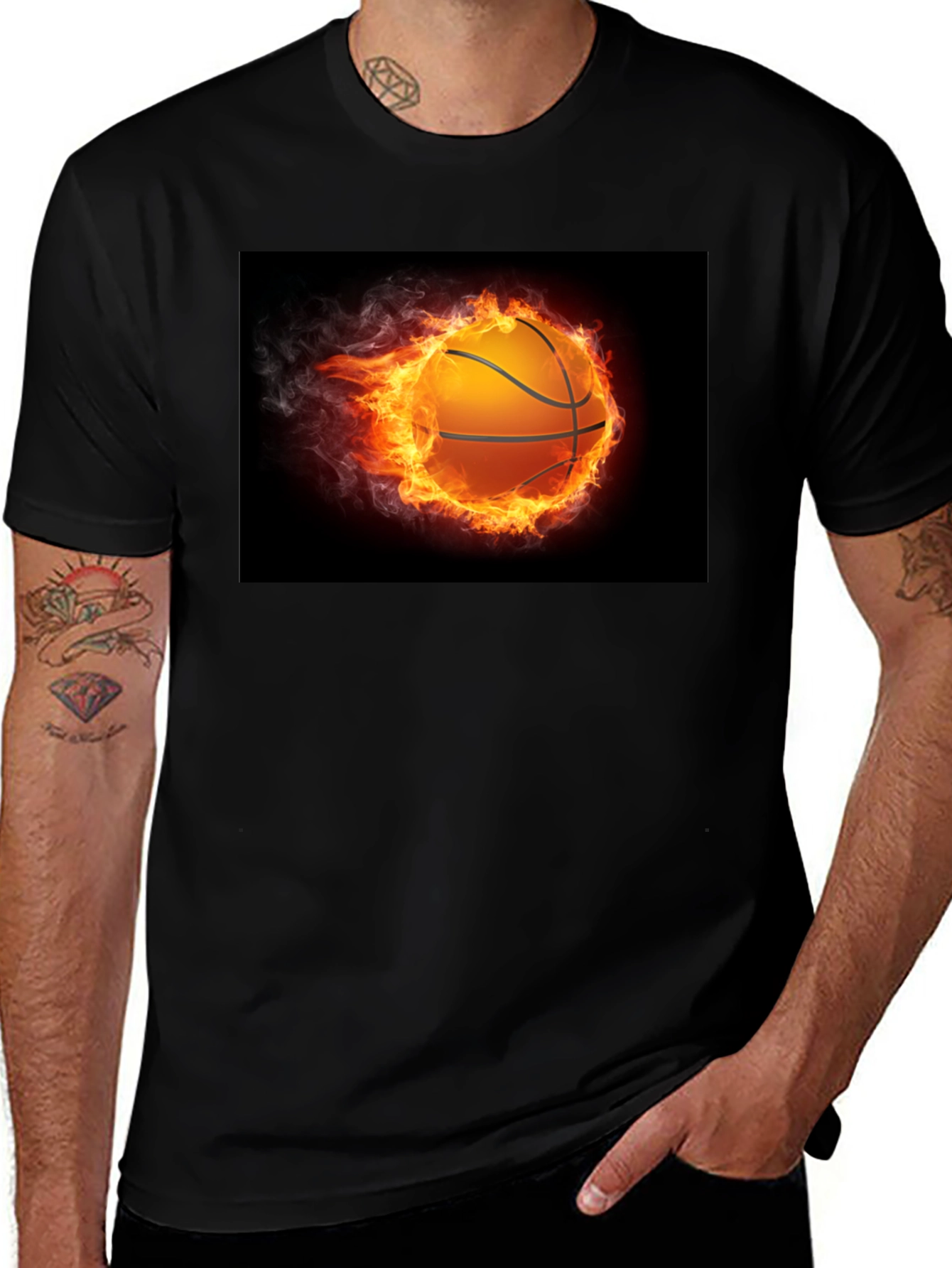 Variant 6 of Flaming Basketball Graphic Tee - Black Cotton Shirt