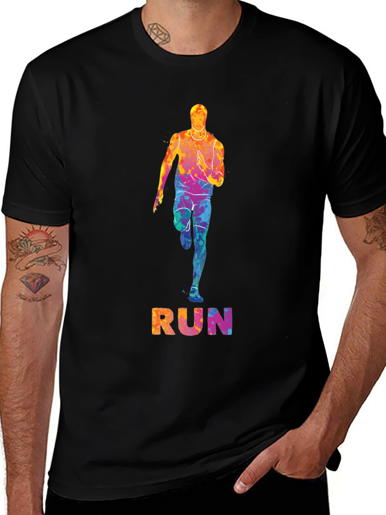 Variant 26 of Men's Black Run Graphic Tee - Colorful Runner Design