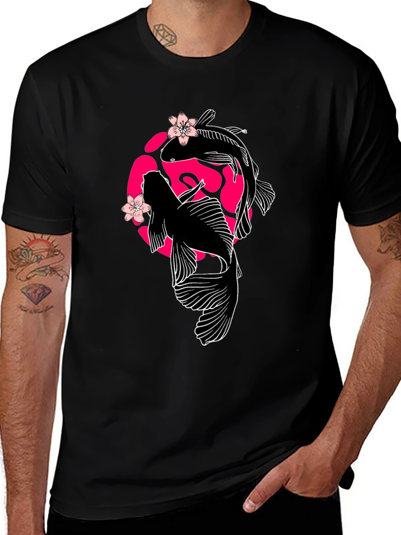 Variant 6 of Koi Fish Cherry Blossom Graphic Tee - Black