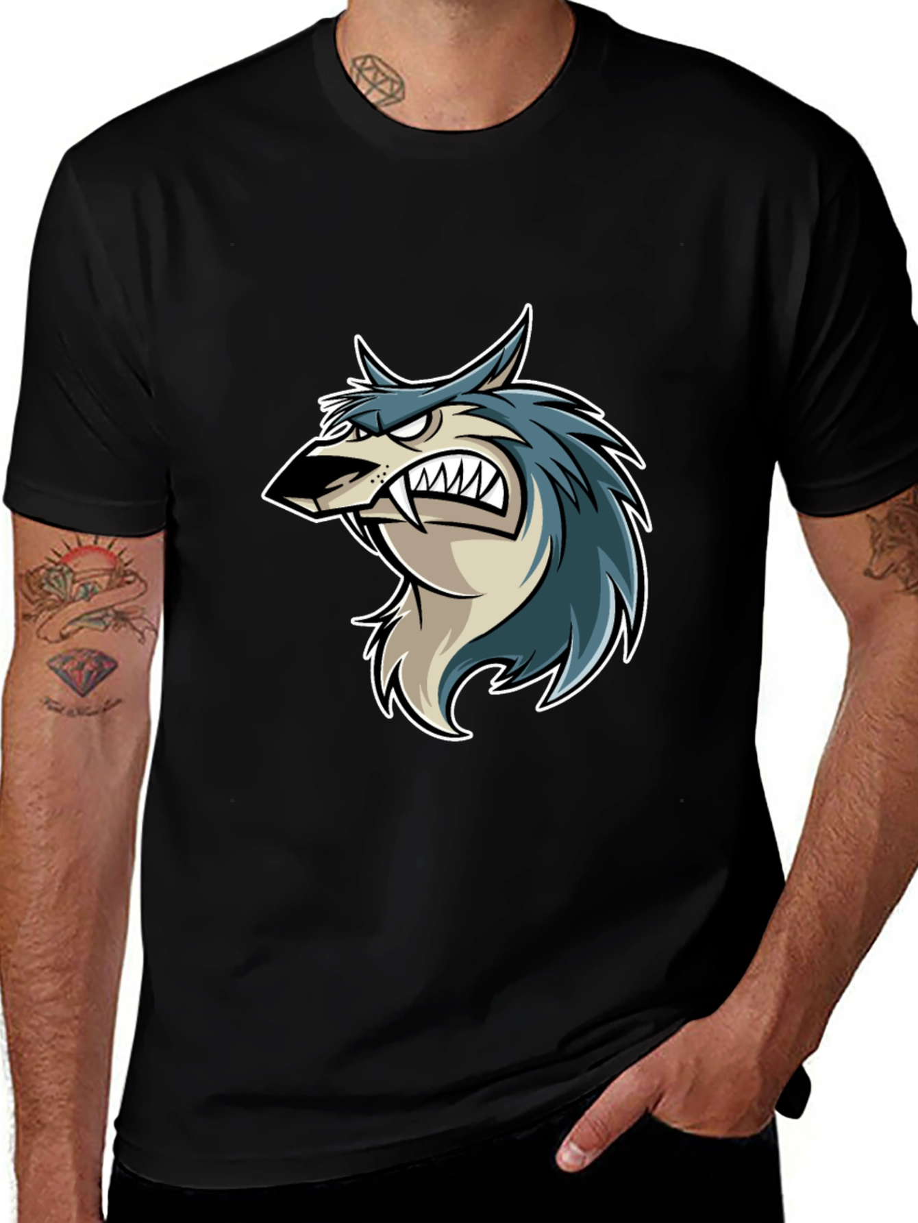 Variant 17 of Men's Black T-Shirt with Wolf Cartoon Print