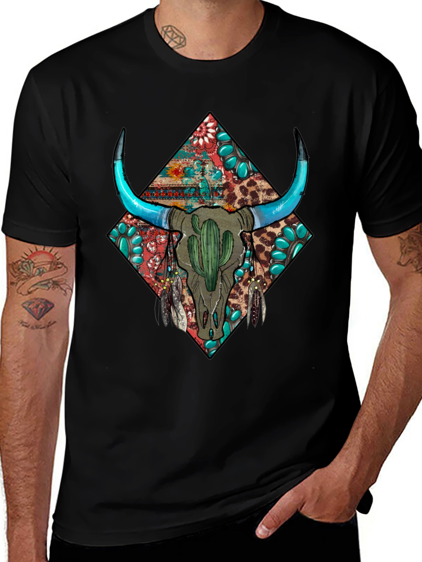 Black Boho Bull Skull Graphic Tee - Western Style main image
