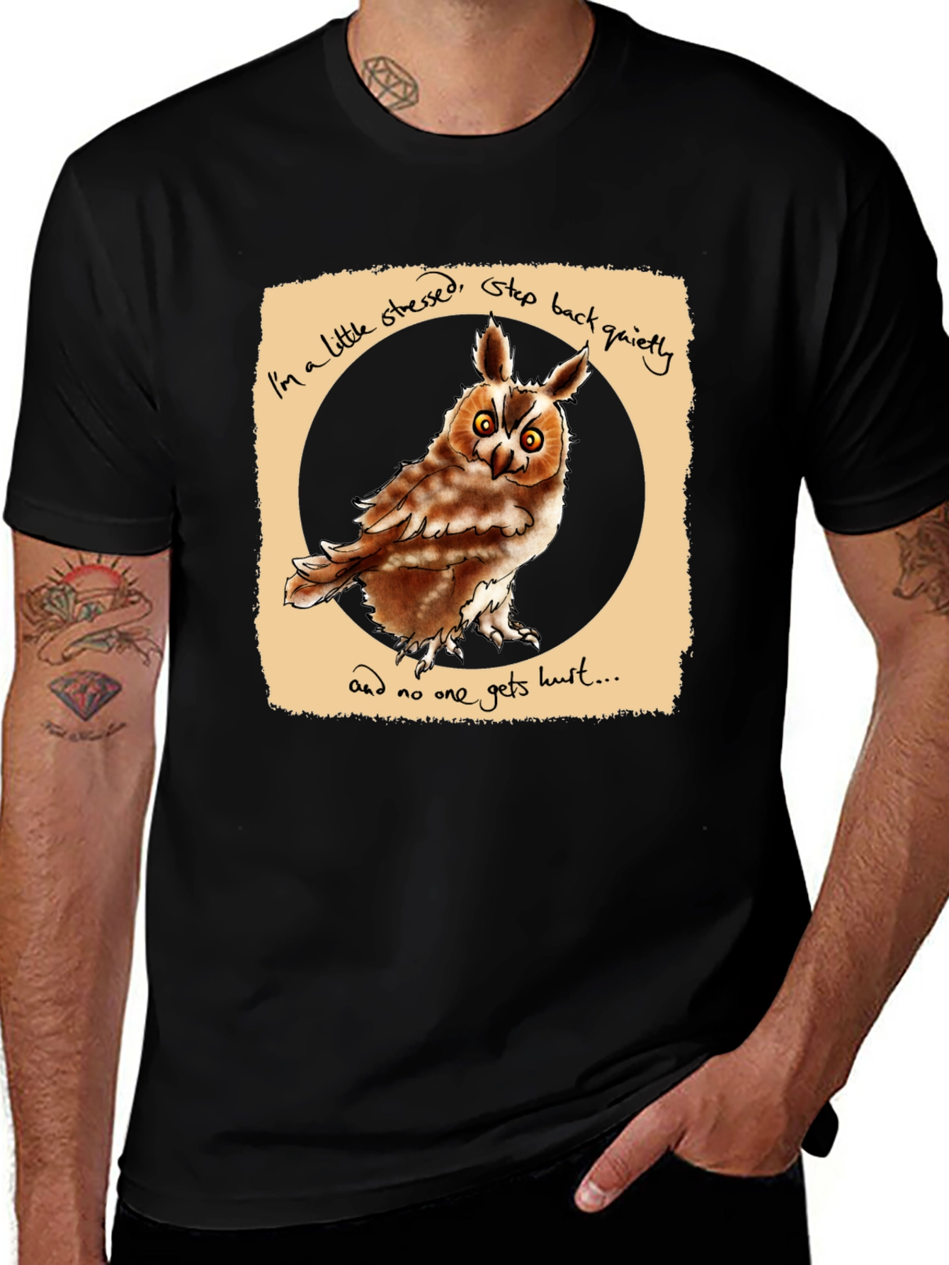 Variant 13 of Stressed Owl Graphic Tee - Step Back Quietly!