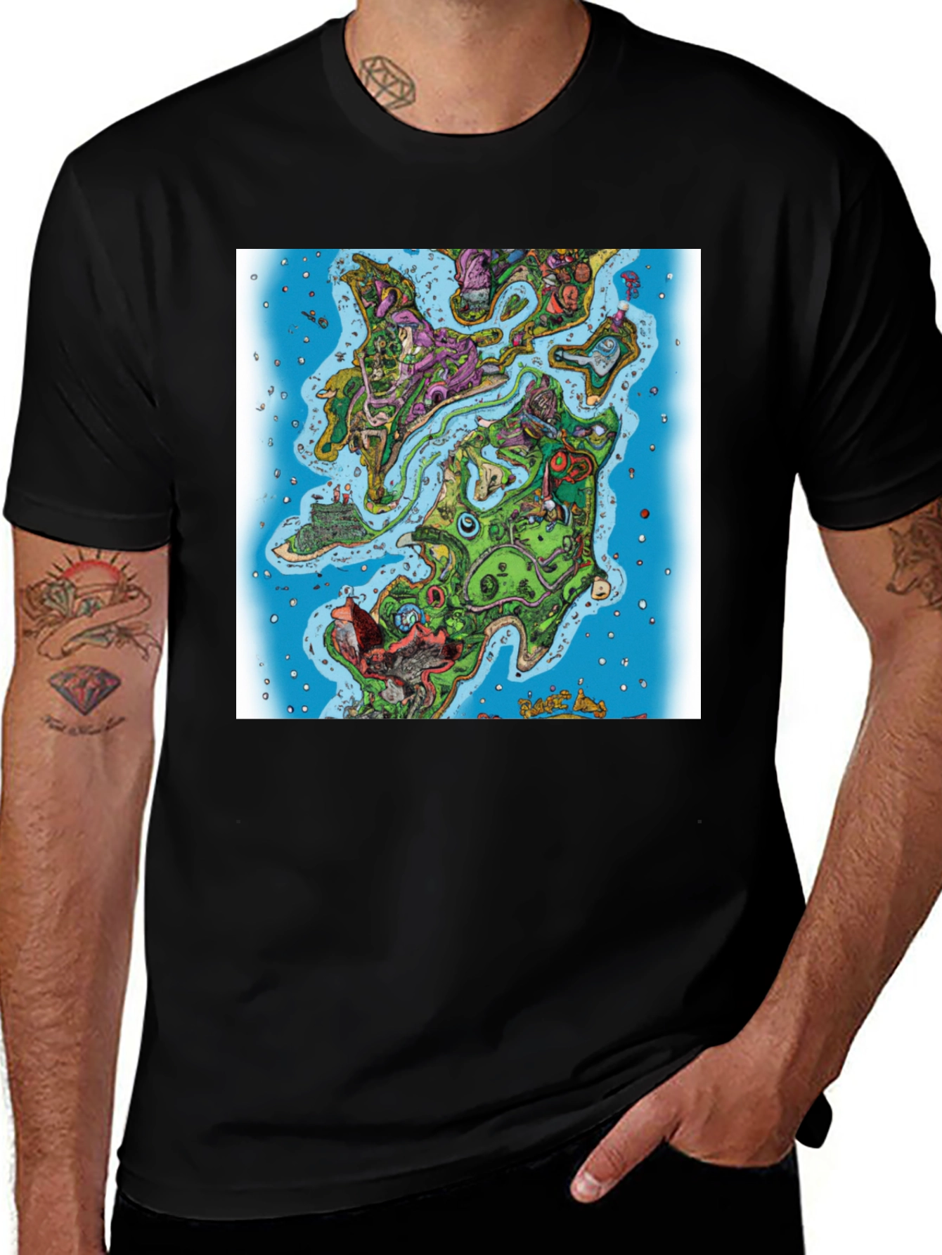 Cartoon Map Graphic Print Black T-Shirt