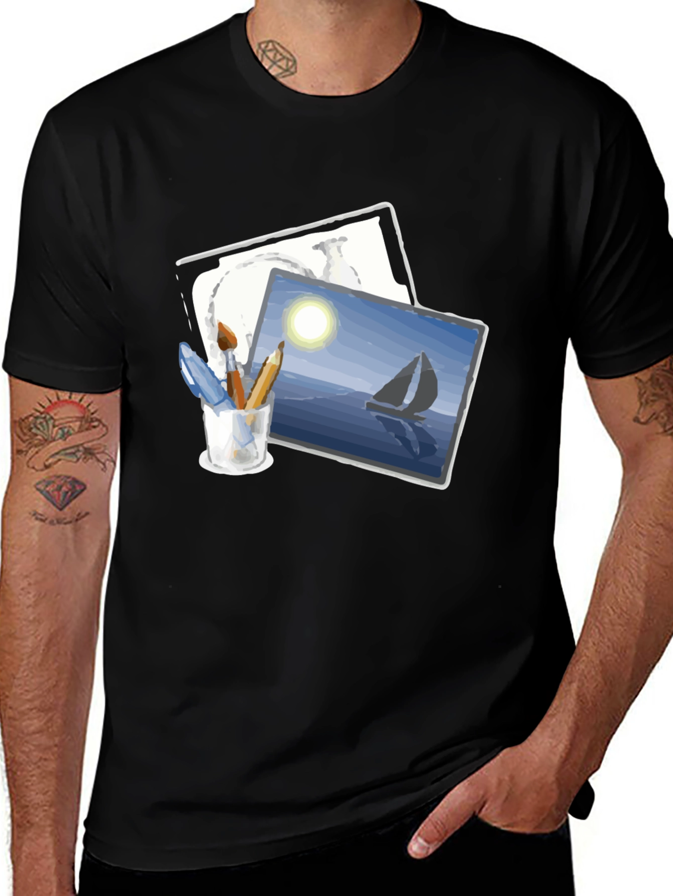 Artistic T-Shirt: Painter's Canvas and Seascape Design