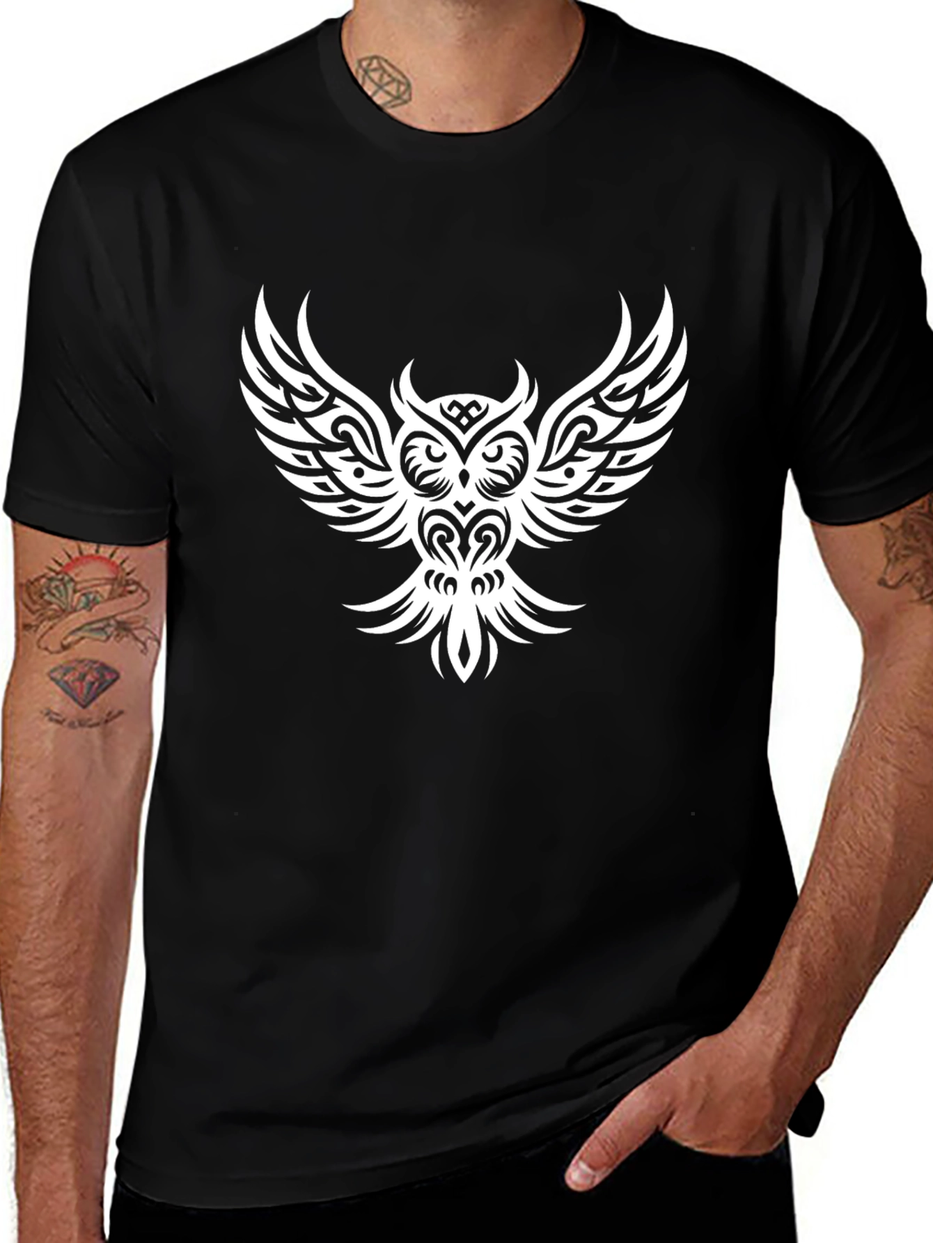 Variant 27 of Tribal Owl Graphic Tee - Black Cotton Shirt