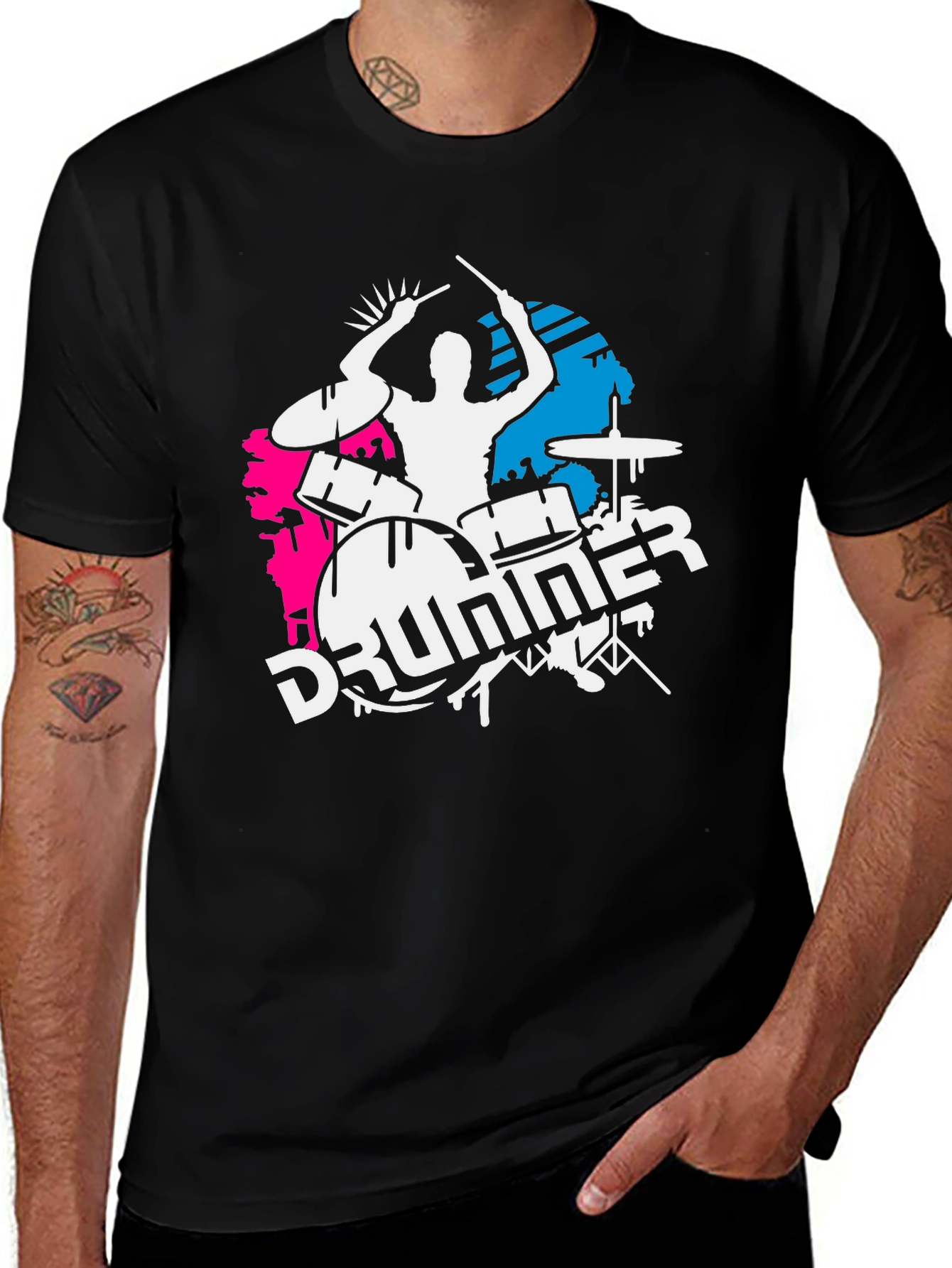 Variant 21 of Drummer Graphic T-Shirt - Black Cotton Tee