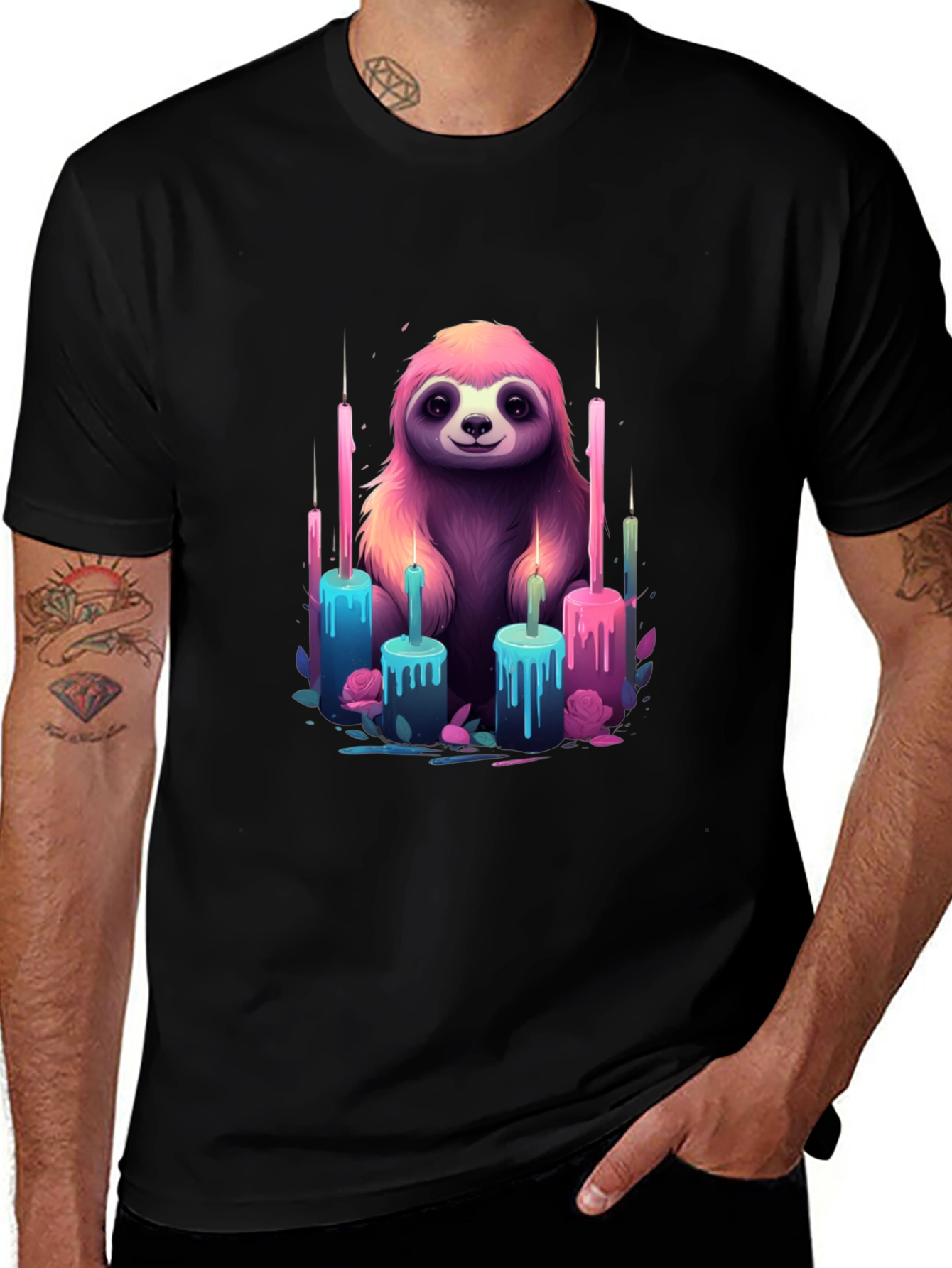 Variant 2 of Sloth & Candles Graphic Tee - Black Cotton T-Shirt
