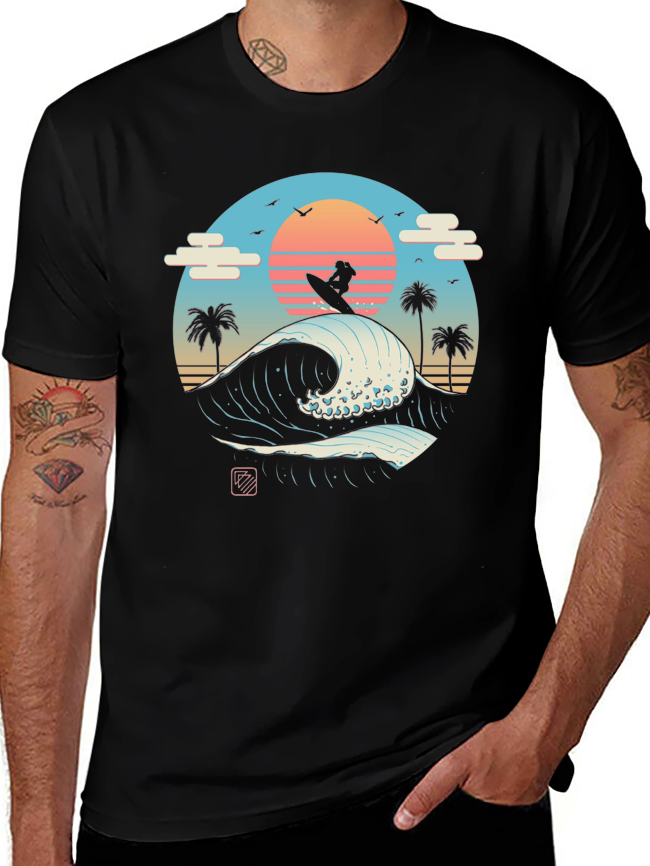 Variant 29 of Surfer Wave Graphic Tee - Black Cotton T-Shirt